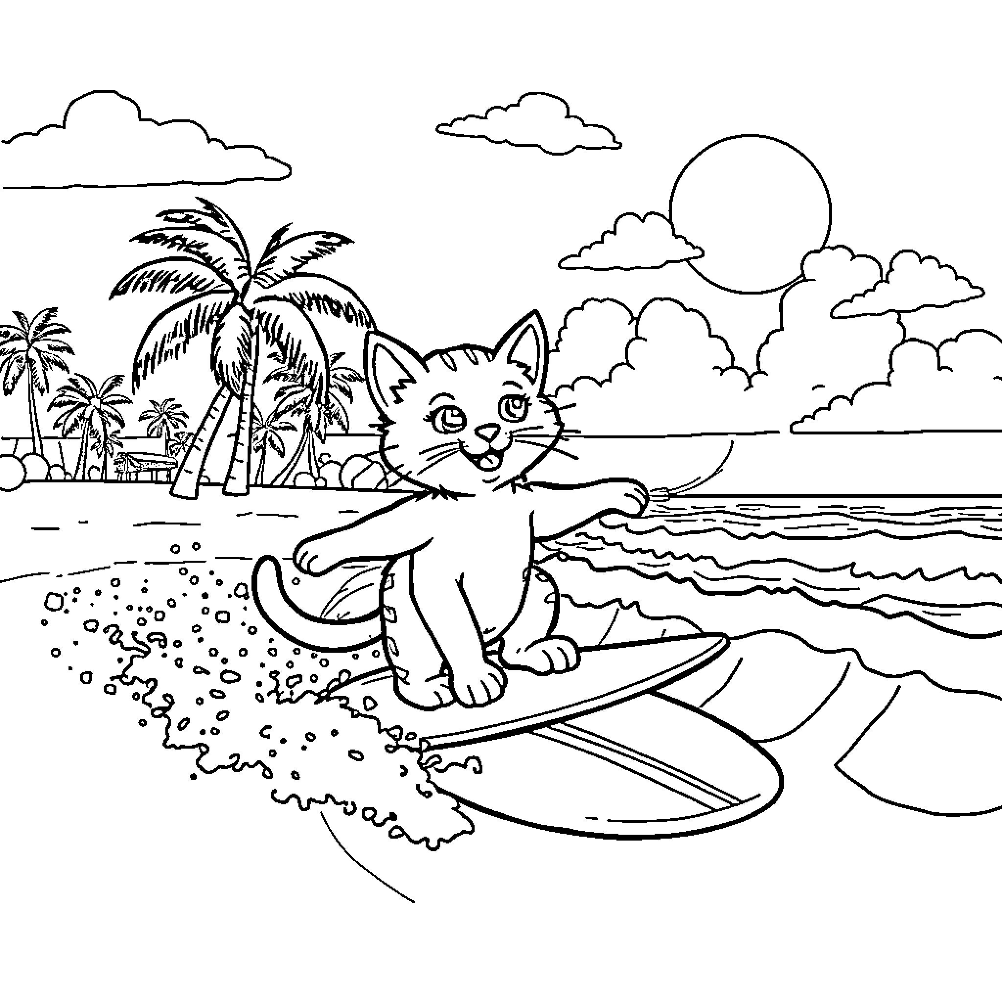 Cat surfing on the beach Coloring Page (free black-and-white line drawing printable PDF for all, from beginners to advanced learners, including children, teens, adults, and seniors)