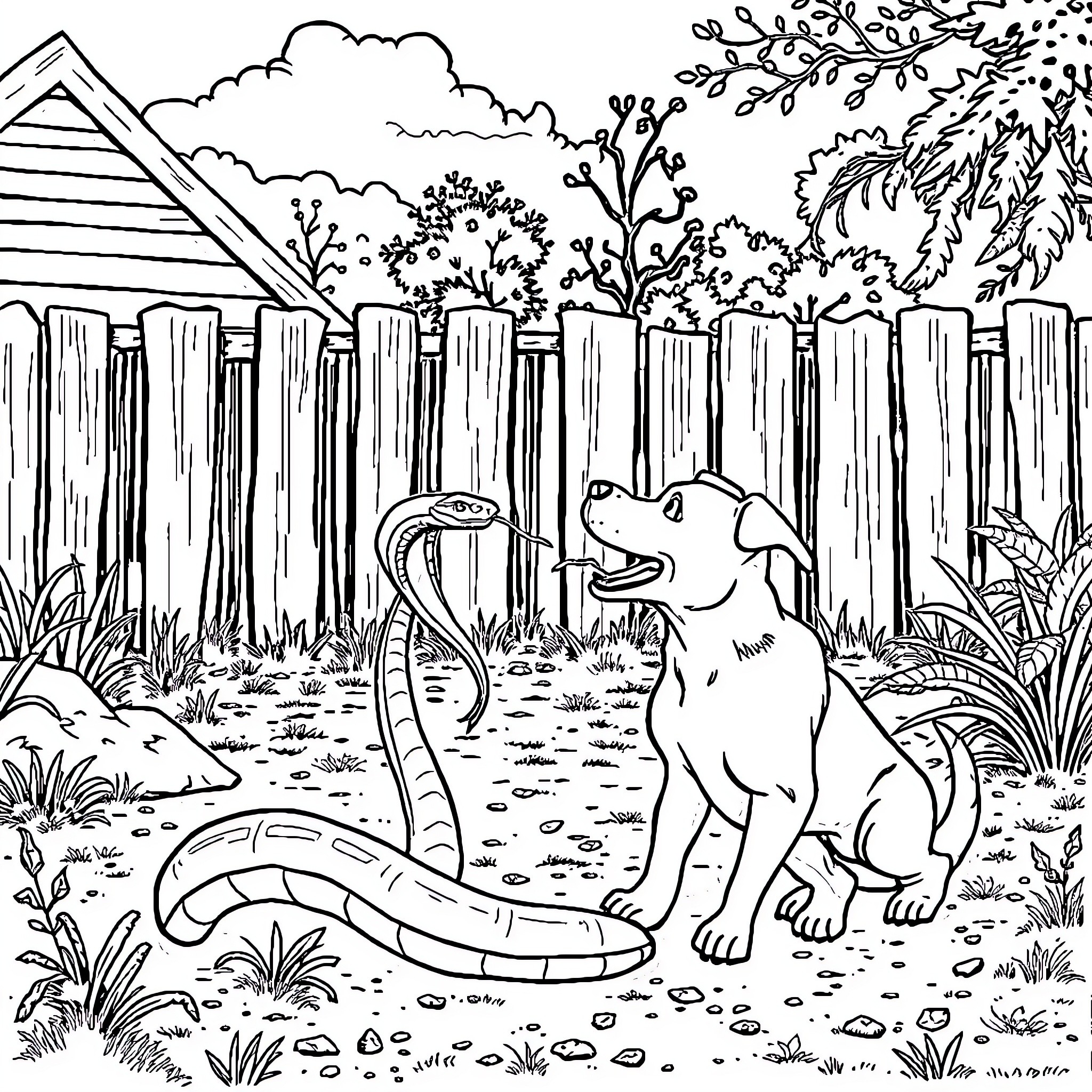 Dog guarding backyard against snake Coloring Page (free black-and-white line drawing printable PDF for all, from beginners to advanced learners, including children, teens, adults, and seniors)
