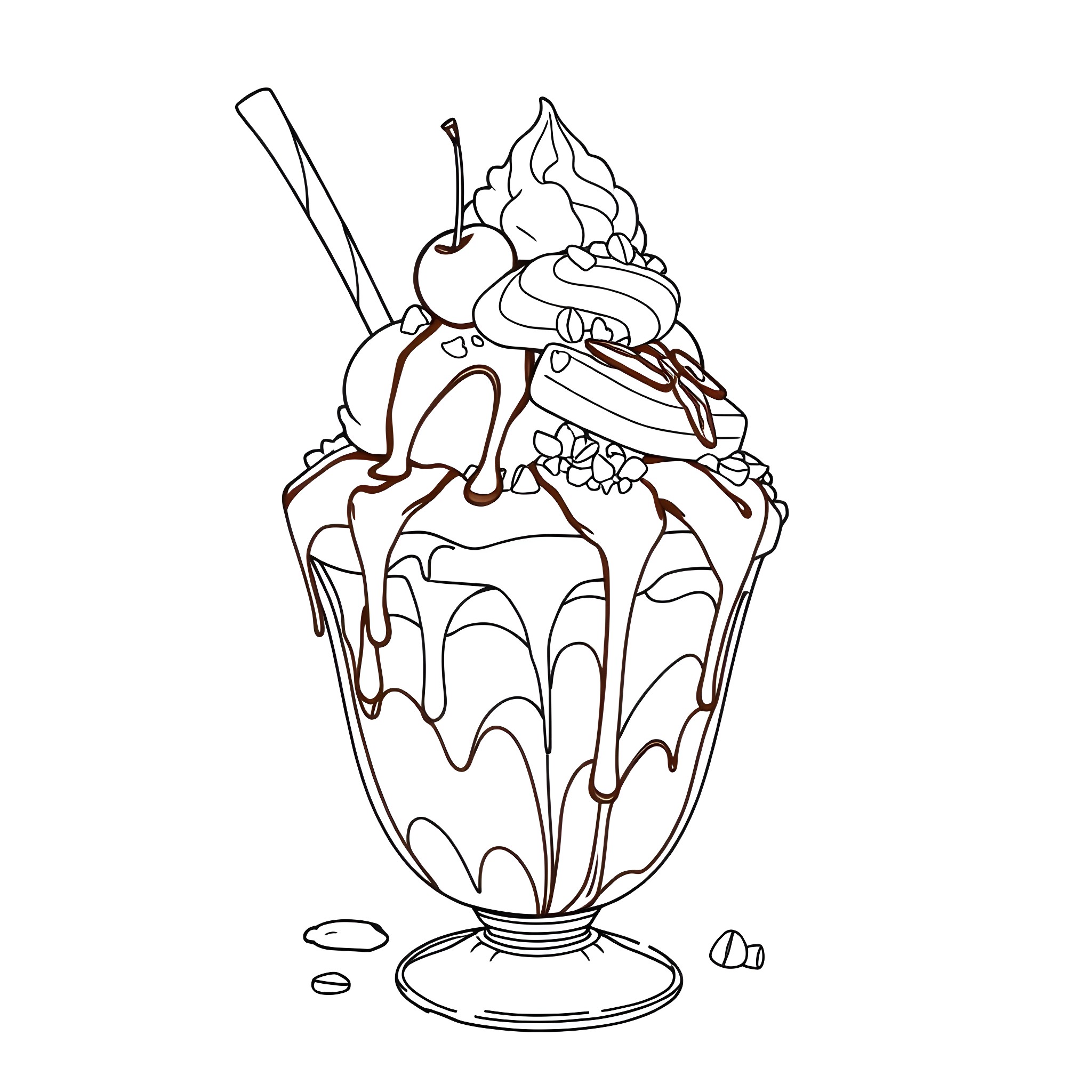 Sundae with Elaborate Dessert Toppings Coloring Page (free black-and-white line drawing printable PDF for all, from beginners to advanced learners, including children, teens, adults, and seniors)