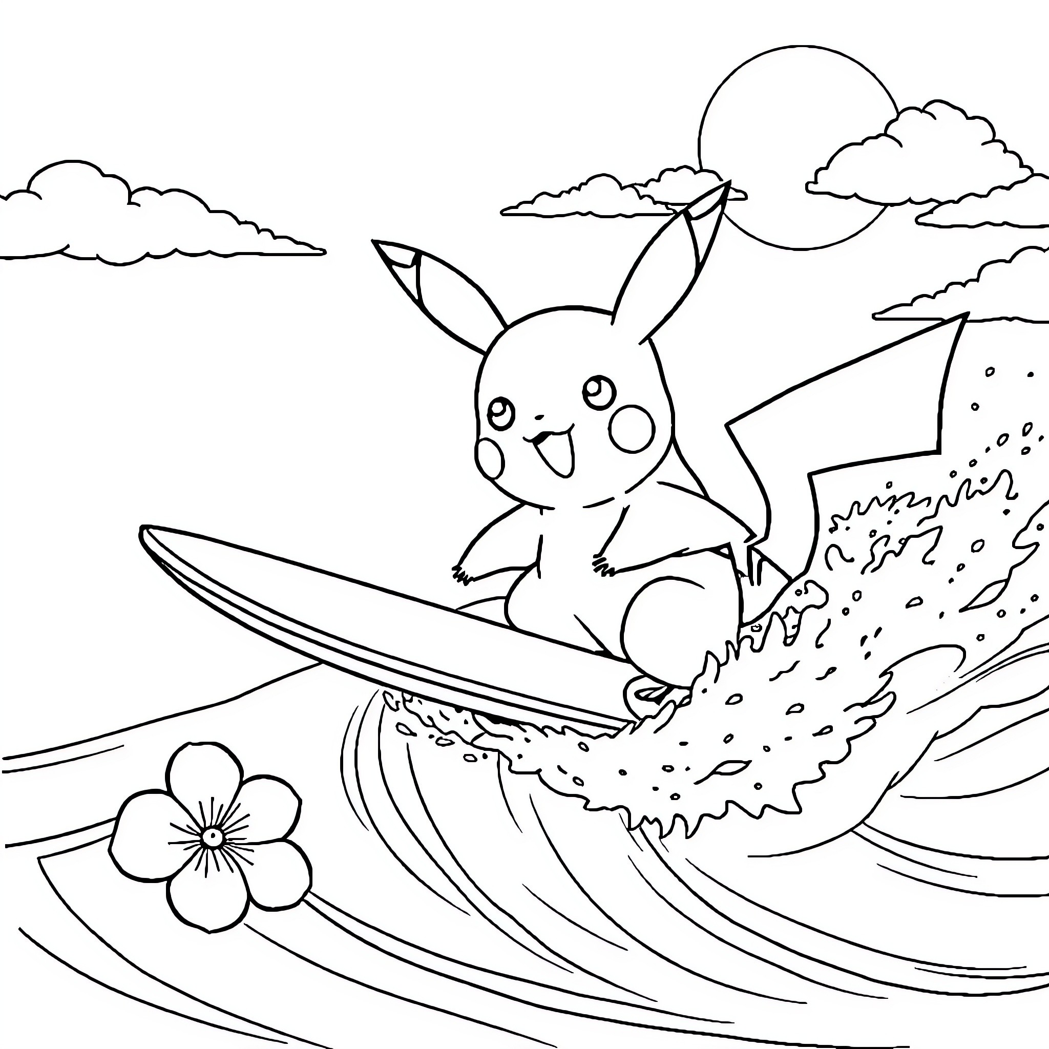 Pikachu surfs happily on a wave Coloring Page (free black-and-white line drawing printable PDF for all, from beginners to advanced learners, including children, teens, adults, and seniors)