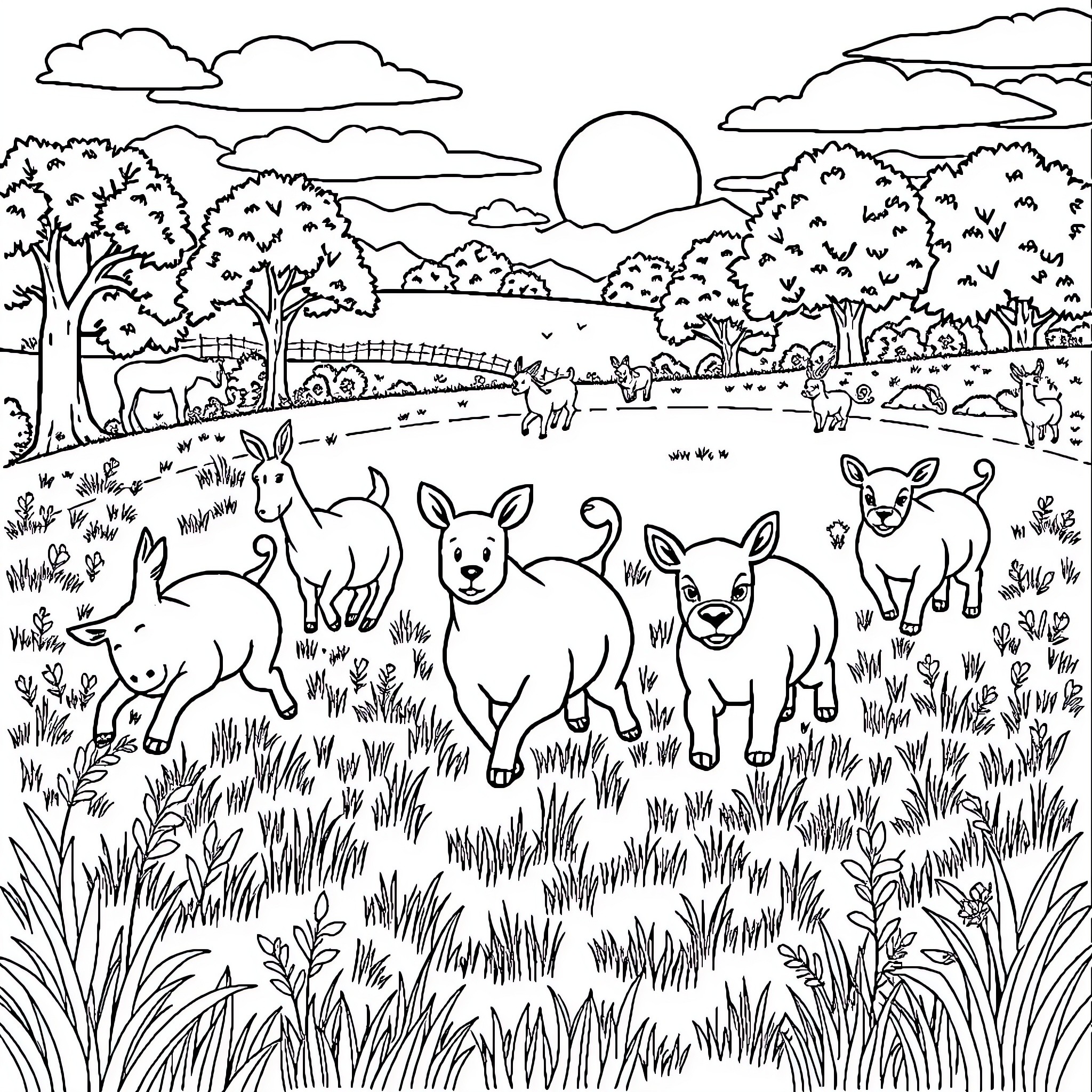 Animal friends exploring a scenic countryside Coloring Page (free black-and-white line drawing printable PDF for all, from beginners to advanced learners, including children, teens, adults, and seniors)
