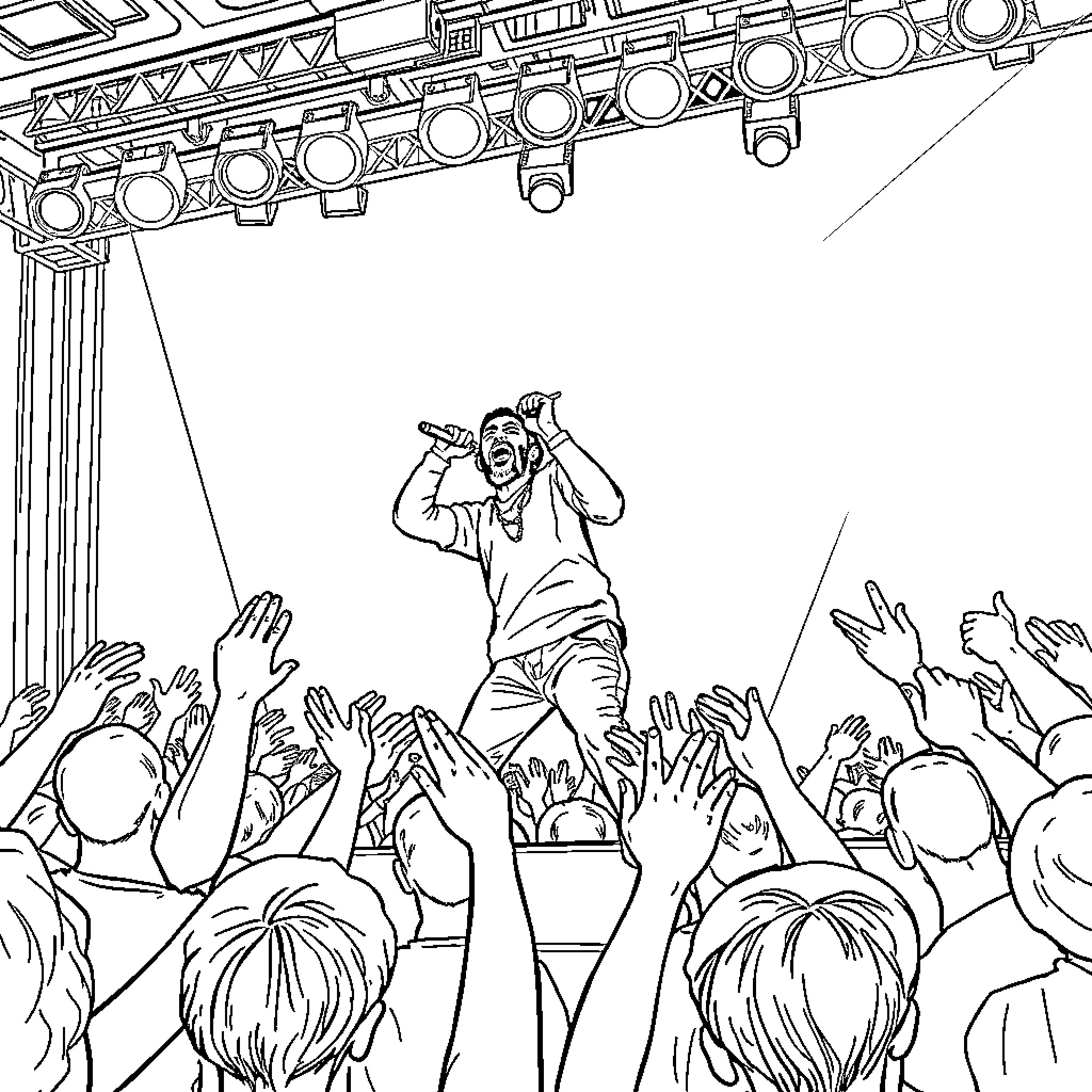 Gims performing on stage with energetic crowd Coloring Page (free black-and-white line drawing printable PDF for all, from beginners to advanced learners, including children, teens, adults, and seniors)