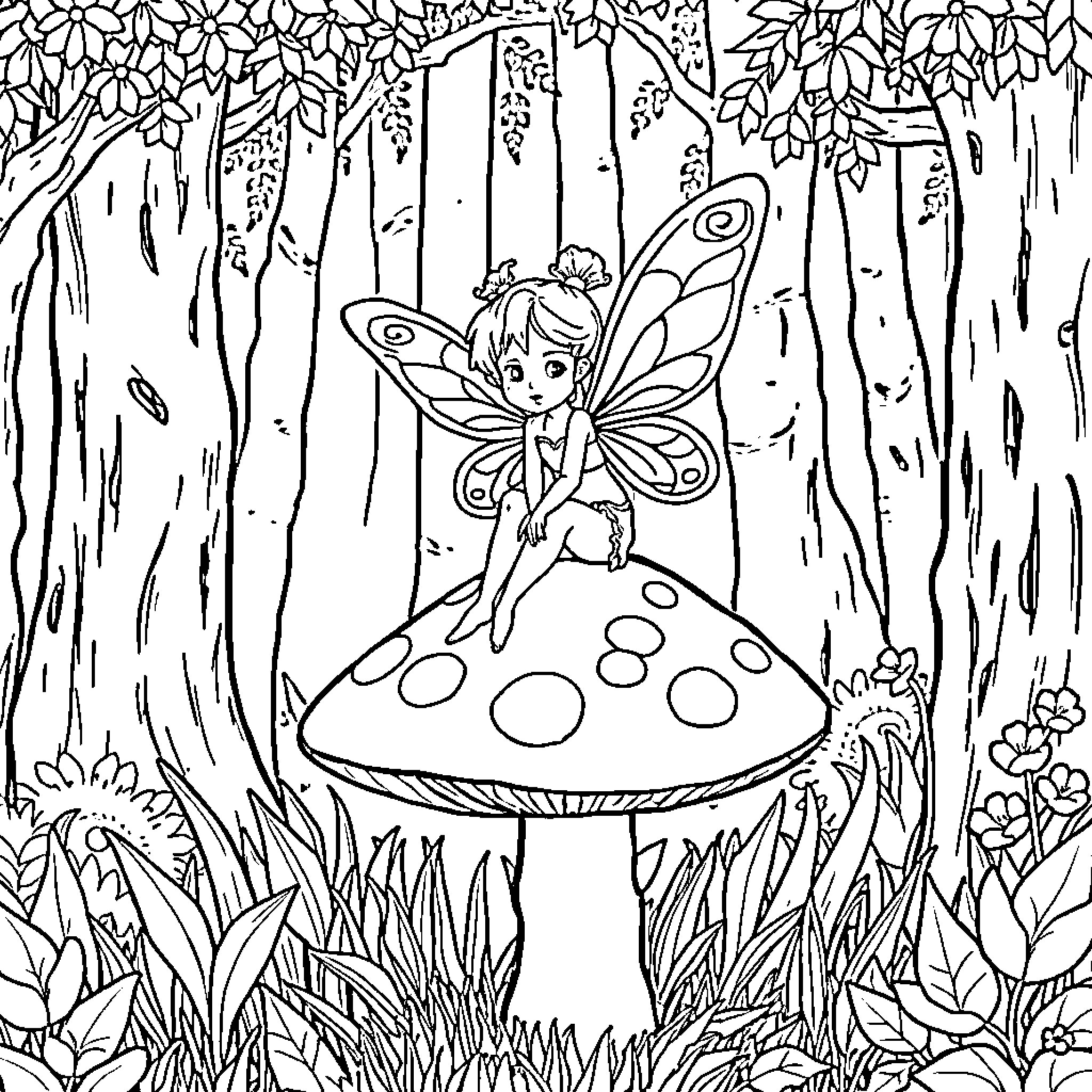 Fairy sitting on a mushroom in the enchanted forest Coloring Page (free black-and-white line drawing printable PDF for all, from beginners to advanced learners, including children, teens, adults, and seniors)
