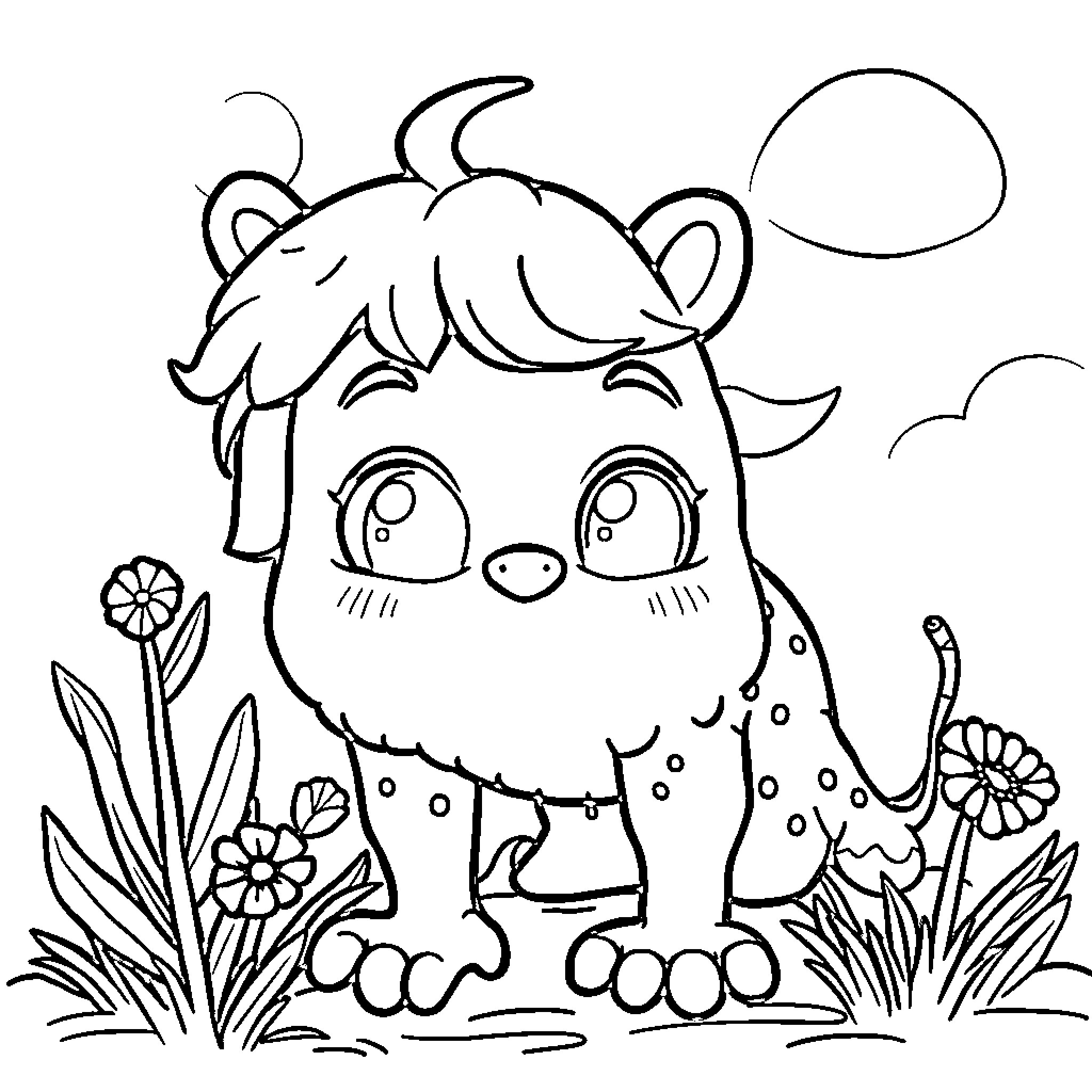 Cute monster character in nature scene Coloring Page (free black-and-white line drawing printable PDF for all, from beginners to advanced learners, including children, teens, adults, and seniors)