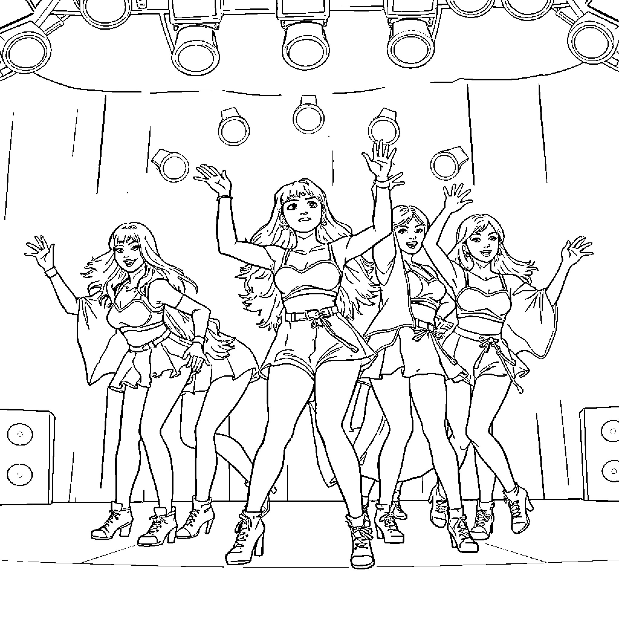 K Pop Girl Group Performing On Stage Coloring Page (free black-and-white line drawing printable PDF for all, from beginners to advanced learners, including children, teens, adults, and seniors)