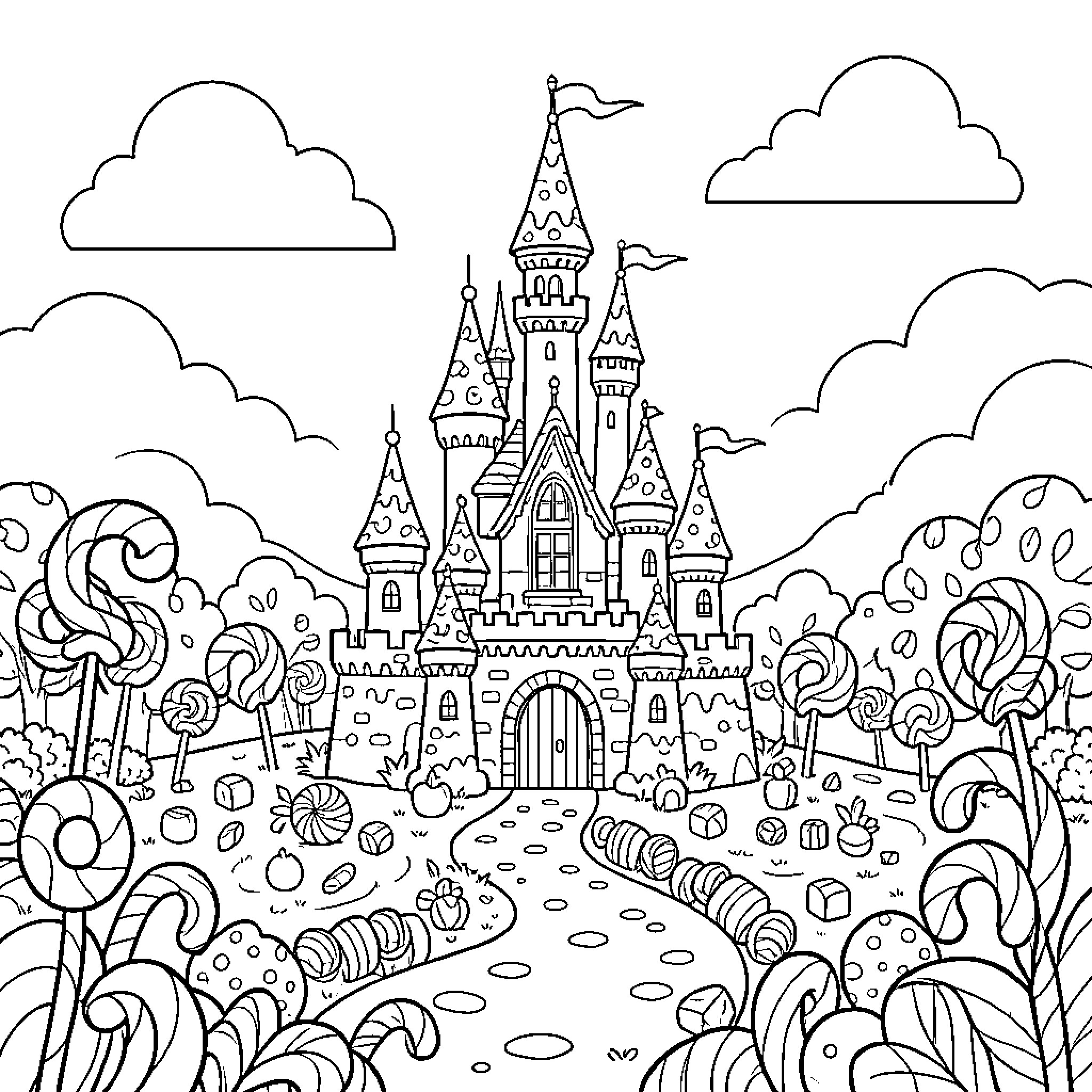 Candy Landscape featuring a magical castle in a sweet world Coloring Page (free black-and-white line drawing printable PDF for all, from beginners to advanced learners, including children, teens, adults, and seniors)