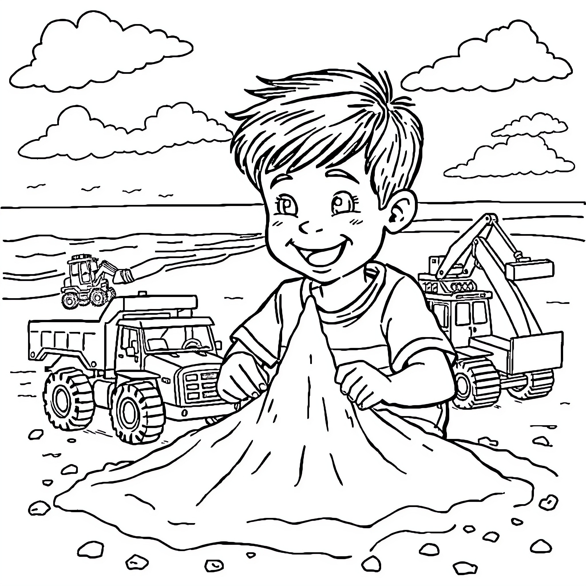 Boy playing happily with construction vehicles on the beach Coloring Page (free black-and-white line drawing printable PDF for all, from beginners to advanced learners, including children, teens, adults, and seniors)