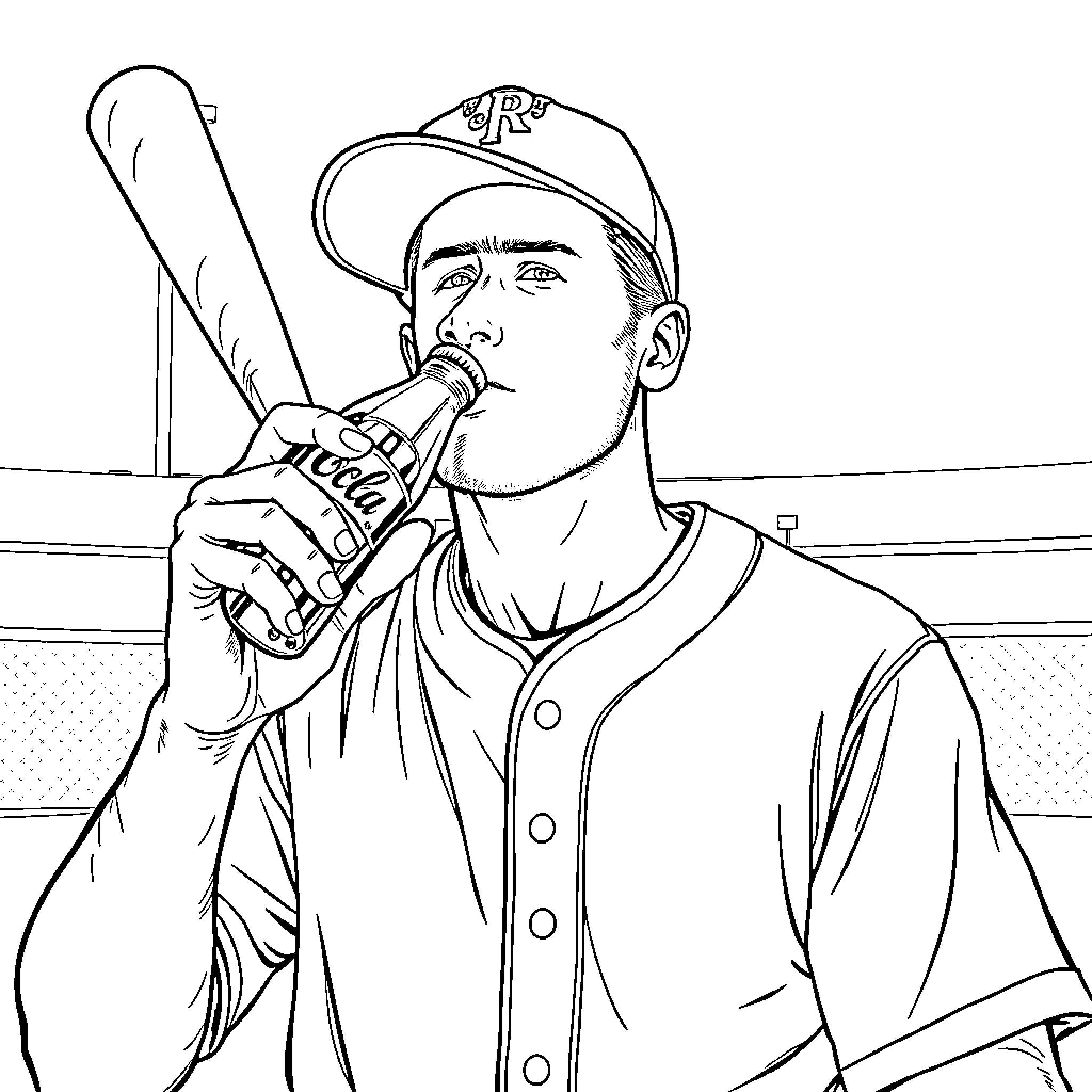 Man in baseball uniform enjoying beverage on field Coloring Page (free black-and-white line drawing printable PDF for all, from beginners to advanced learners, including children, teens, adults, and seniors)