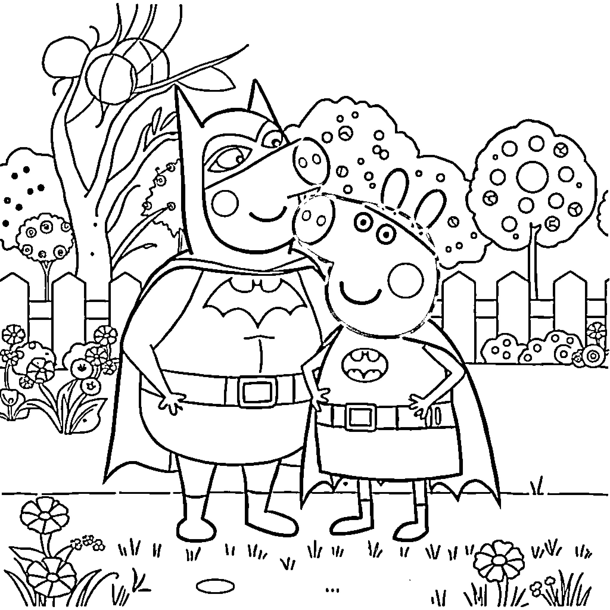 Peppa and Batman go on an adventure in the park Coloring Page (free black-and-white line drawing printable PDF for all, from beginners to advanced learners, including children, teens, adults, and seniors)