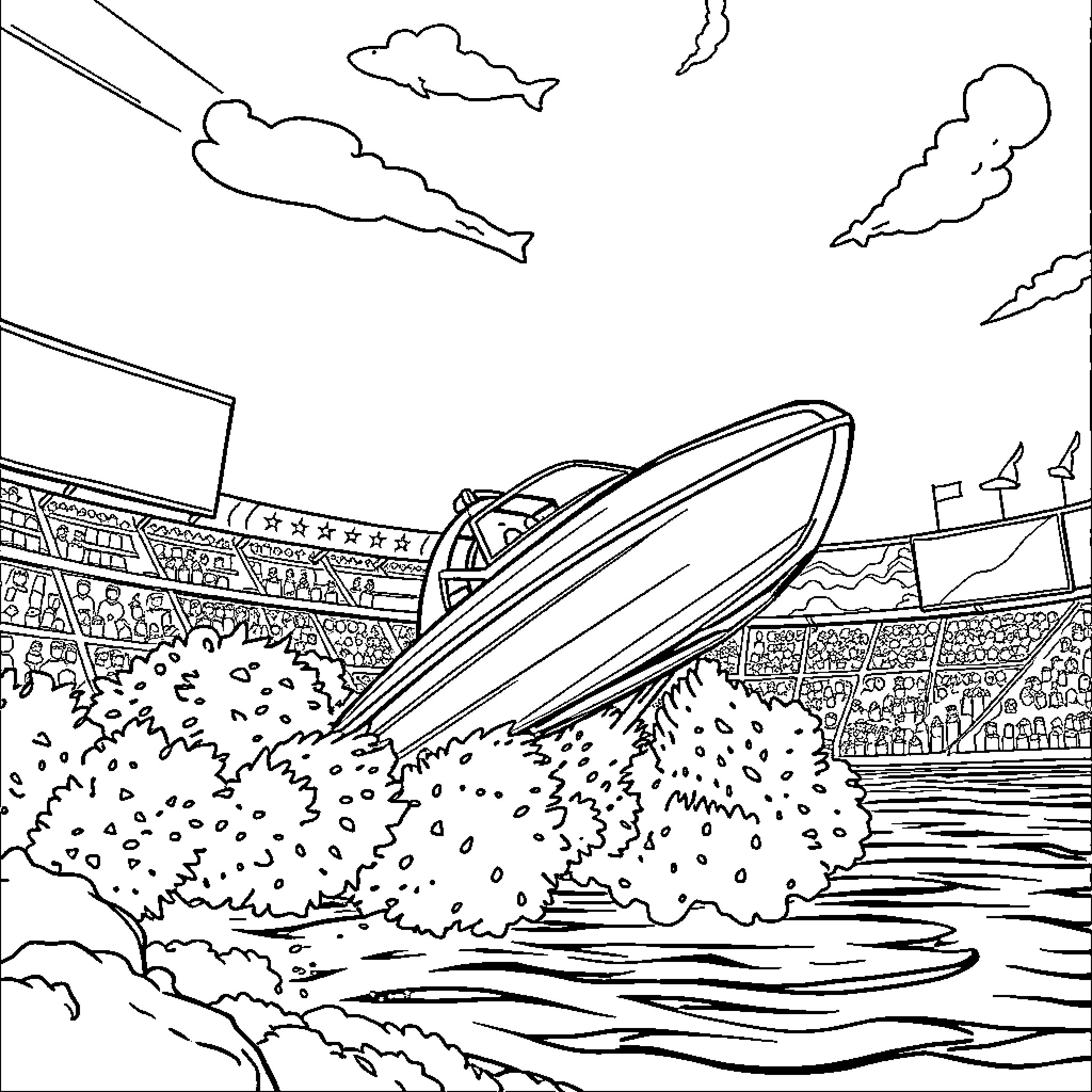 Beyblade Battle at the Stadium Arena Coloring Page (free black-and-white line drawing printable PDF for all, from beginners to advanced learners, including children, teens, adults, and seniors)