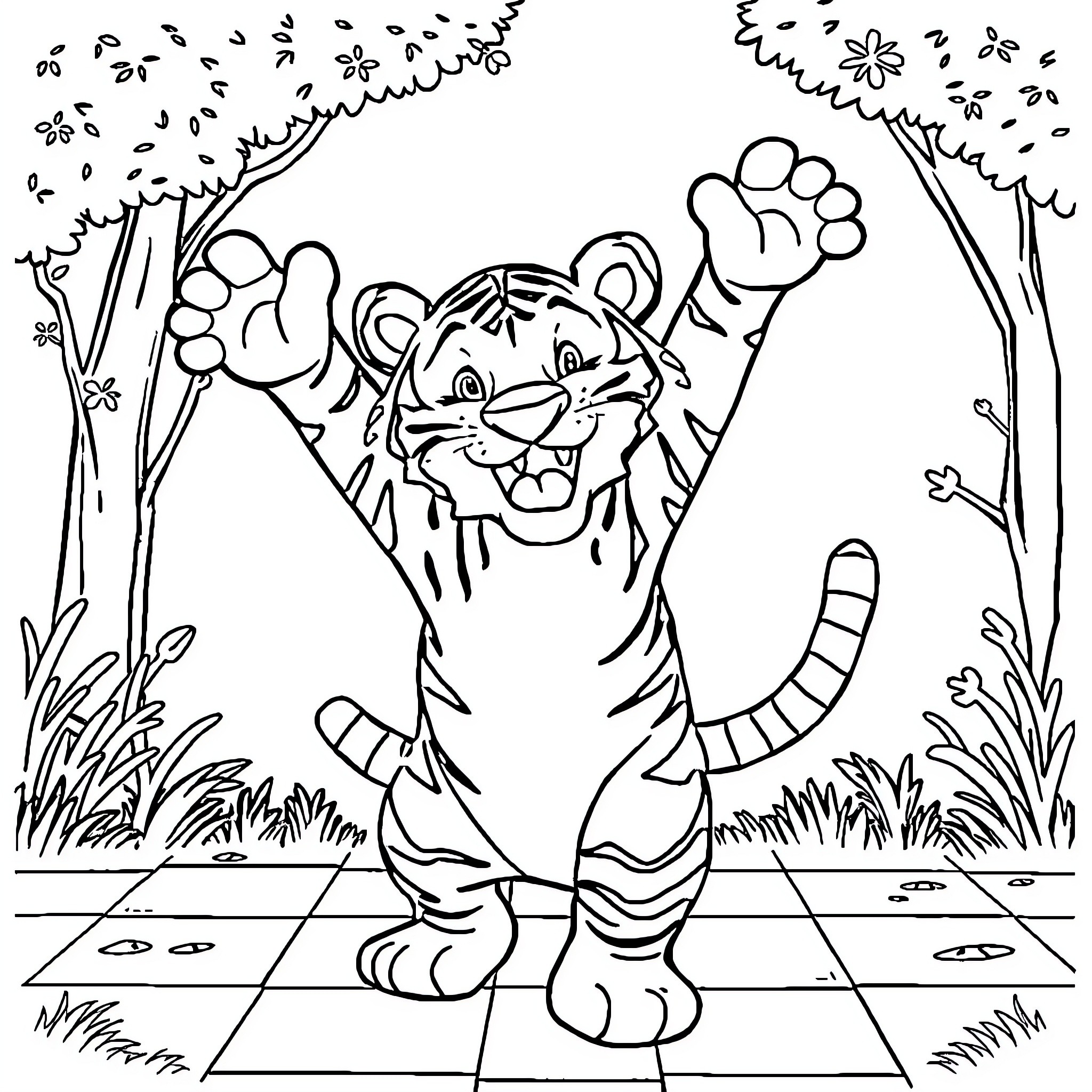 Tiger playing cheerfully in the jungle Coloring Page (free black-and-white line drawing printable PDF for all, from beginners to advanced learners, including children, teens, adults, and seniors)