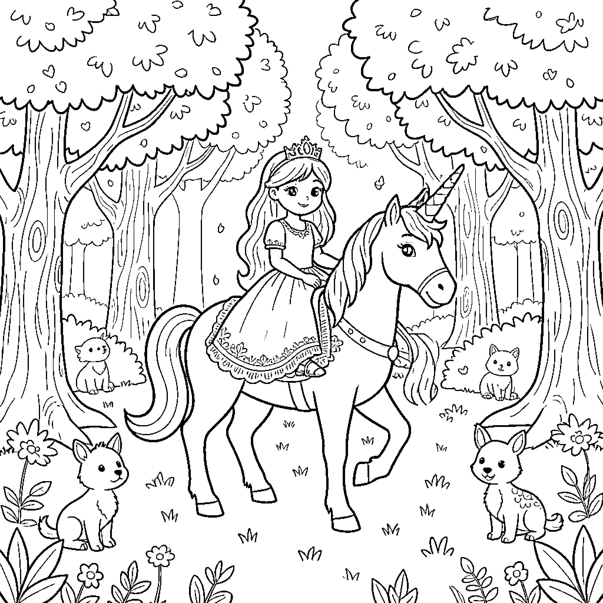 Princess riding a unicorn through a magical forest Coloring Page (free black-and-white line drawing printable PDF for all, from beginners to advanced learners, including children, teens, adults, and seniors)