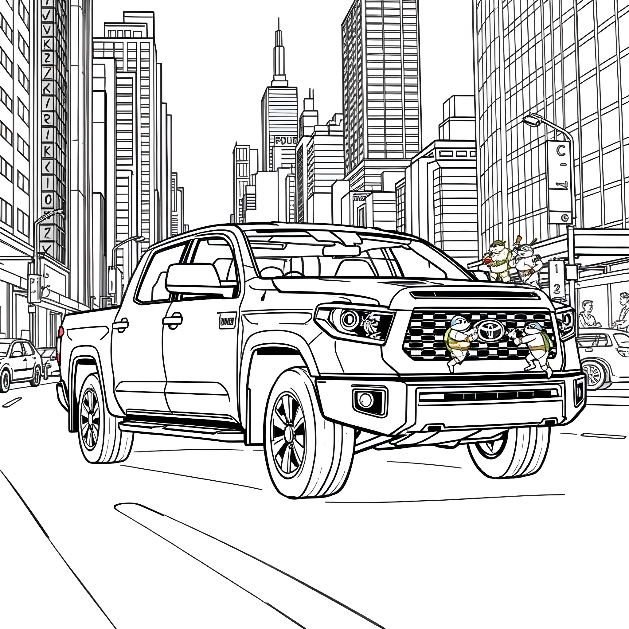 Toyota truck driving in busy city Coloring Page (free black-and-white line drawing printable PDF for all, from beginners to advanced learners, including children, teens, adults, and seniors)