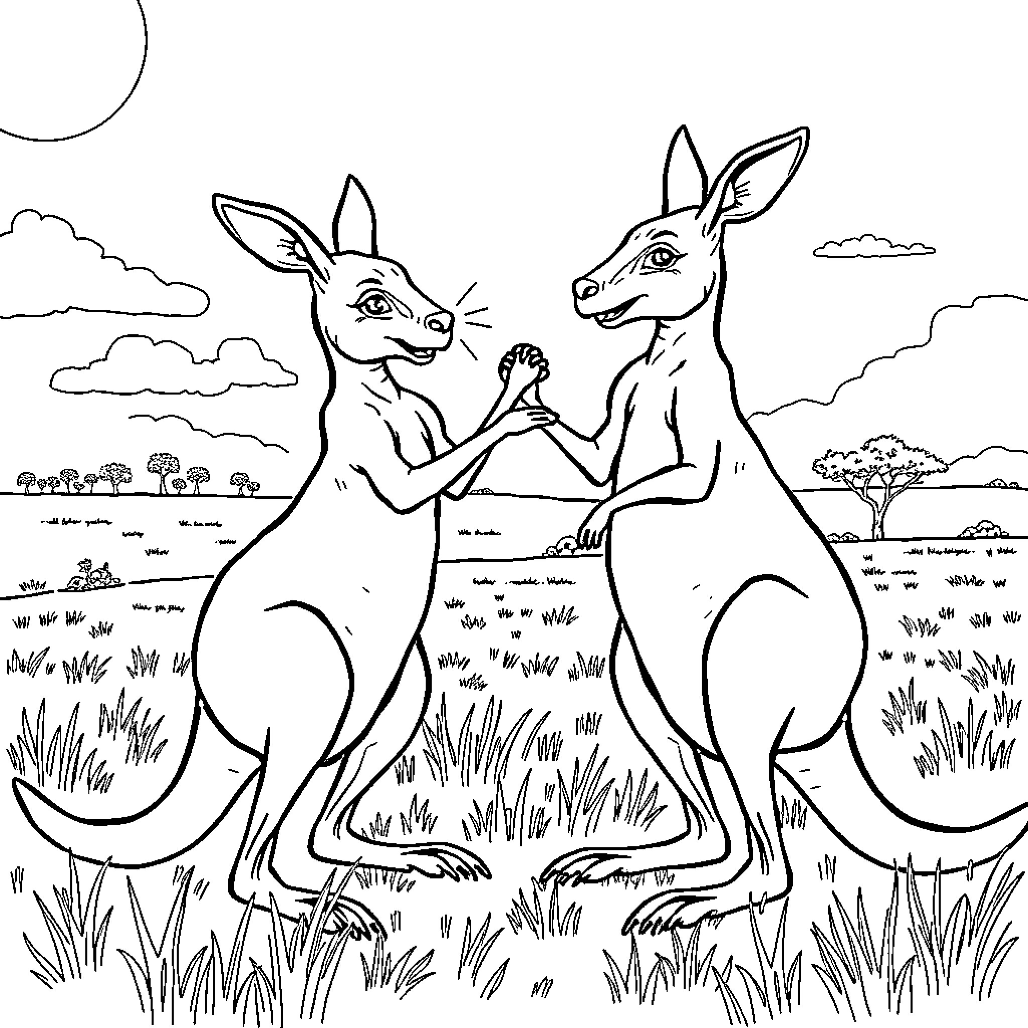 Kangaroos playfully interacting in natural setting Coloring Page (free black-and-white line drawing printable PDF for all, from beginners to advanced learners, including children, teens, adults, and seniors)