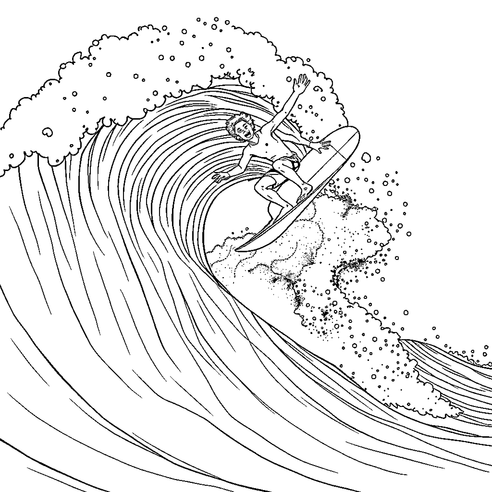 Bodyboarder riding a powerful wave Coloring Page (free black-and-white line drawing printable PDF for all, from beginners to advanced learners, including children, teens, adults, and seniors)
