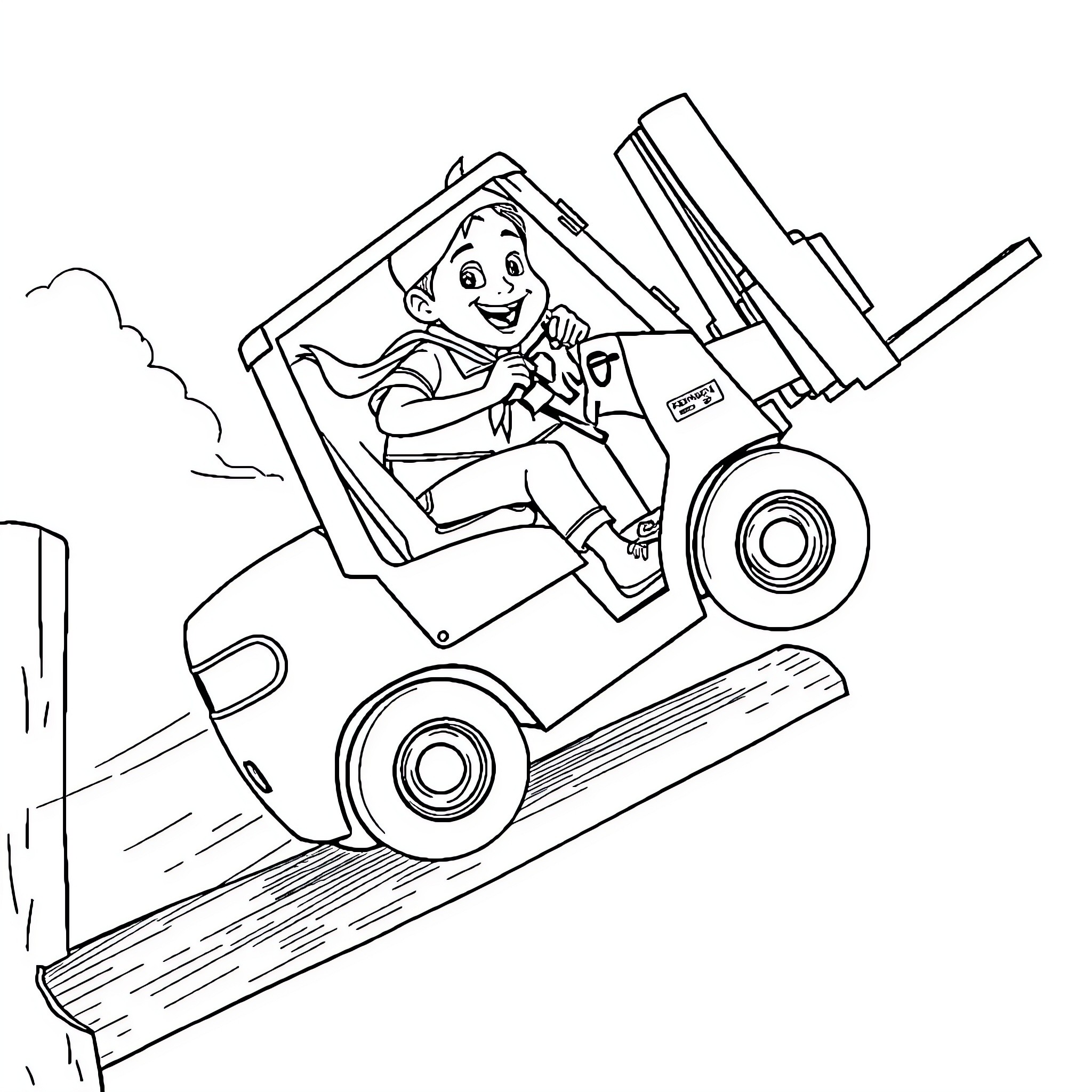 Russell operating a forklift with enthusiasm Coloring Page (free black-and-white line drawing printable PDF for all, from beginners to advanced learners, including children, teens, adults, and seniors)