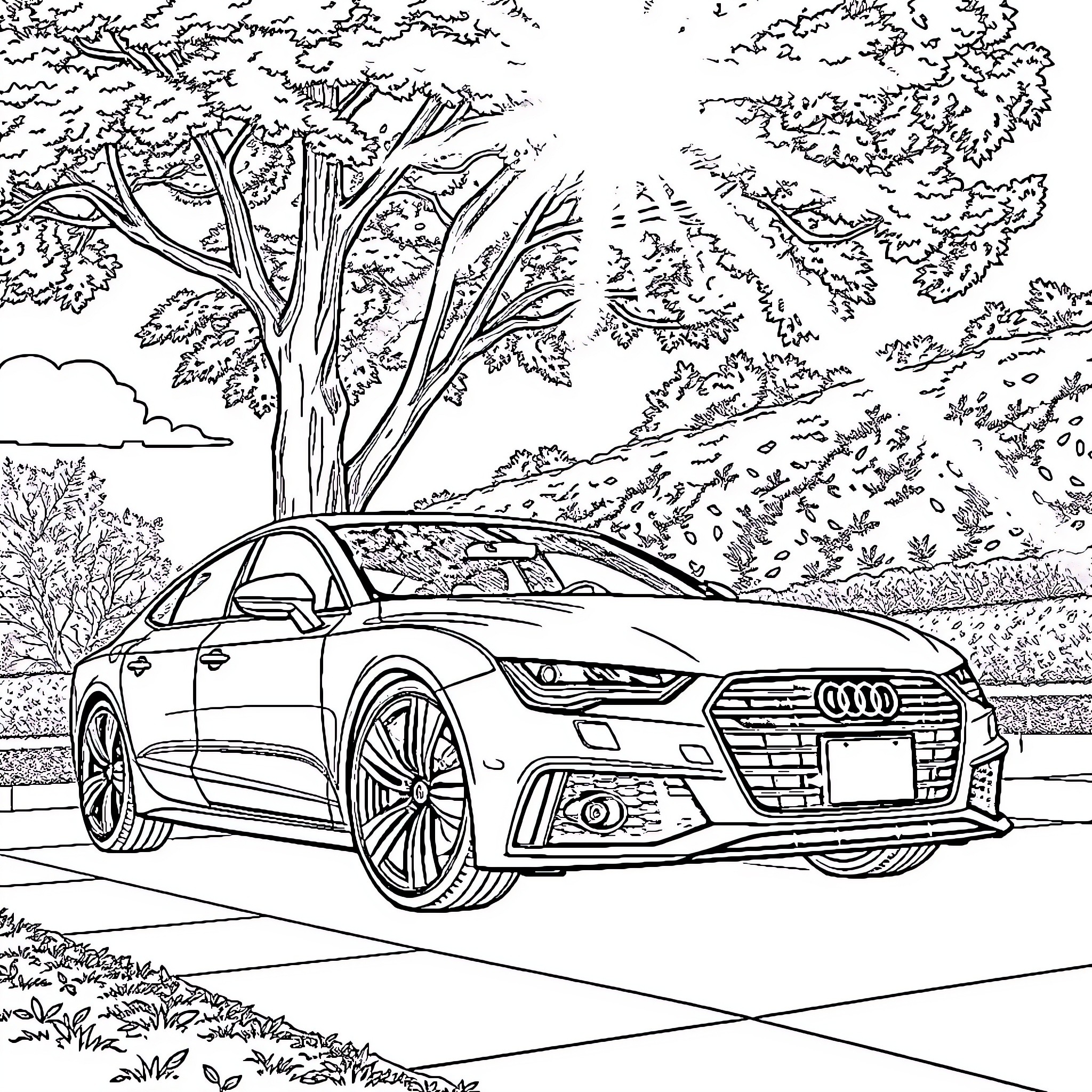 Audi car parked in nature landscape Coloring Page (free black-and-white line drawing printable PDF for all, from beginners to advanced learners, including children, teens, adults, and seniors)