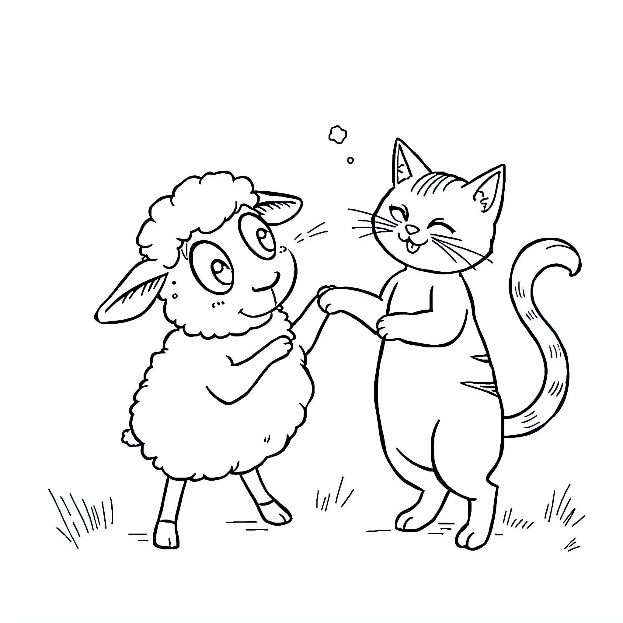 Sheep and cat playing together happily Coloring Page (free black-and-white line drawing printable PDF for all, from beginners to advanced learners, including children, teens, adults, and seniors)
