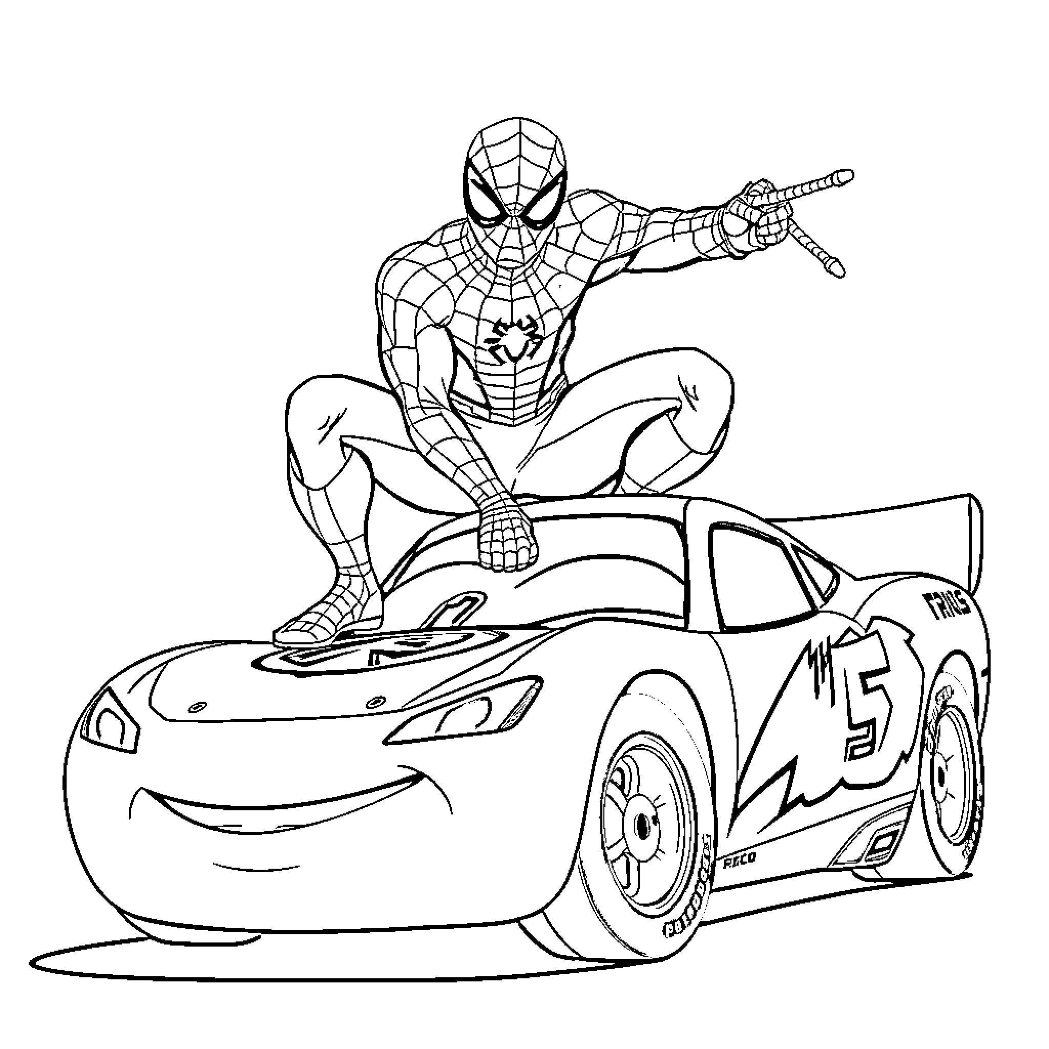 Spiderman swinging on a race car Coloring Page (free black-and-white line drawing printable PDF for all, from beginners to advanced learners, including children, teens, adults, and seniors)