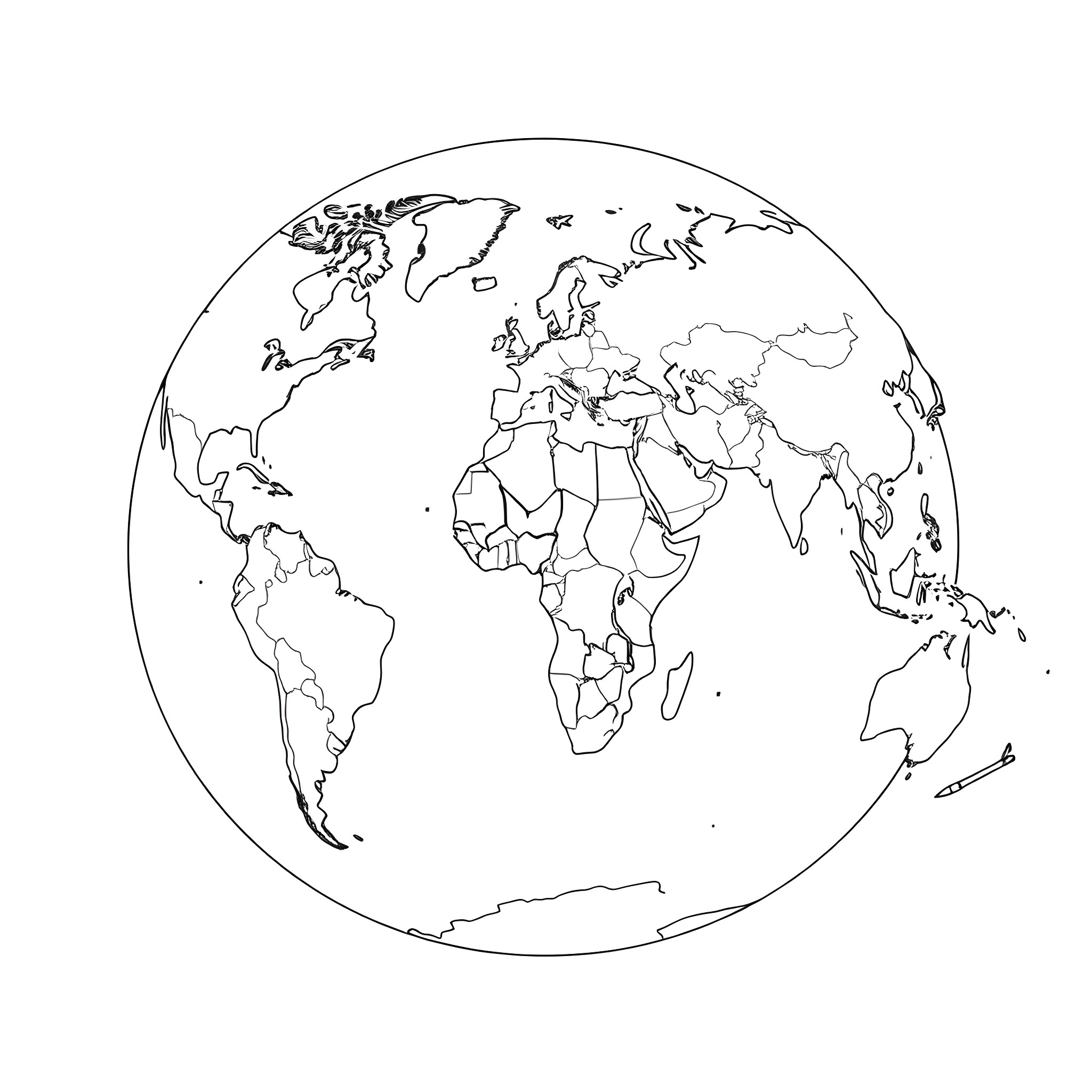 Earth's outline map in black and white Coloring Page (free black-and-white line drawing printable PDF for all, from beginners to advanced learners, including children, teens, adults, and seniors)