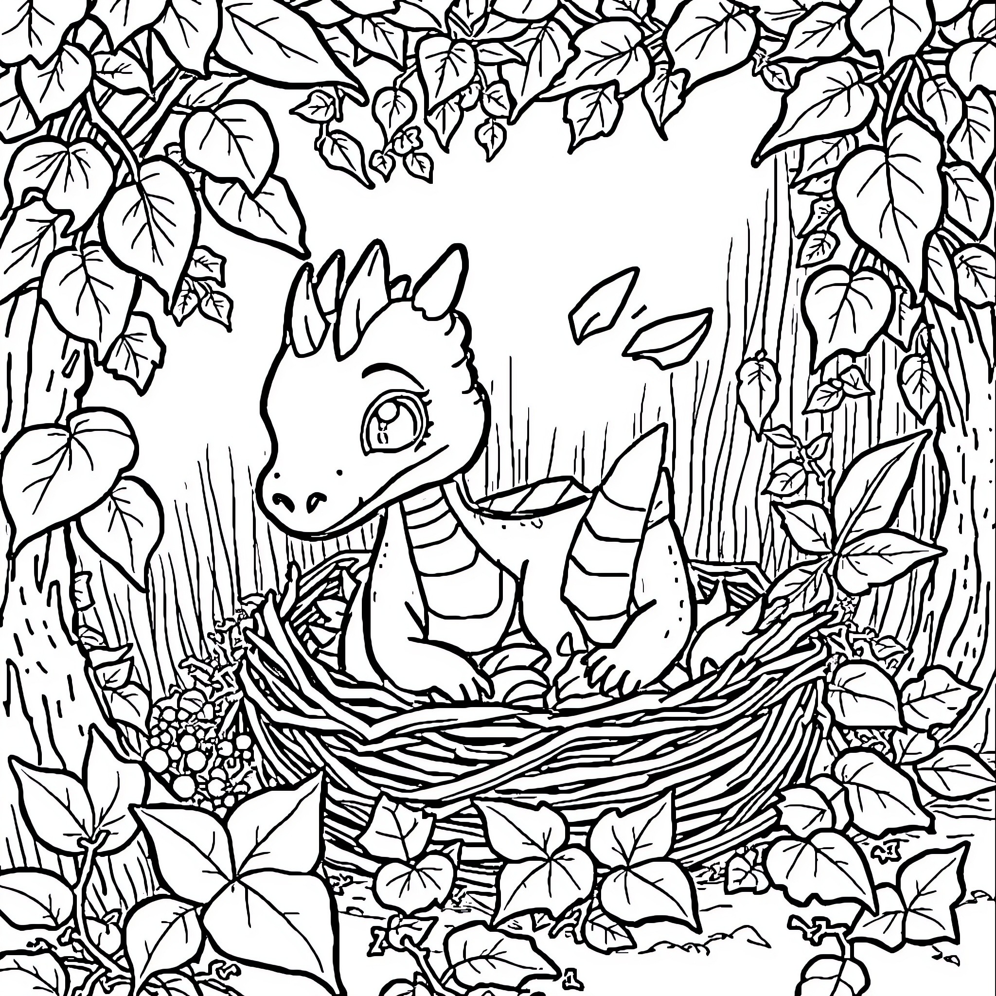 Dragon hatching from nest in lush forest Coloring Page (free black-and-white line drawing printable PDF for all, from beginners to advanced learners, including children, teens, adults, and seniors)