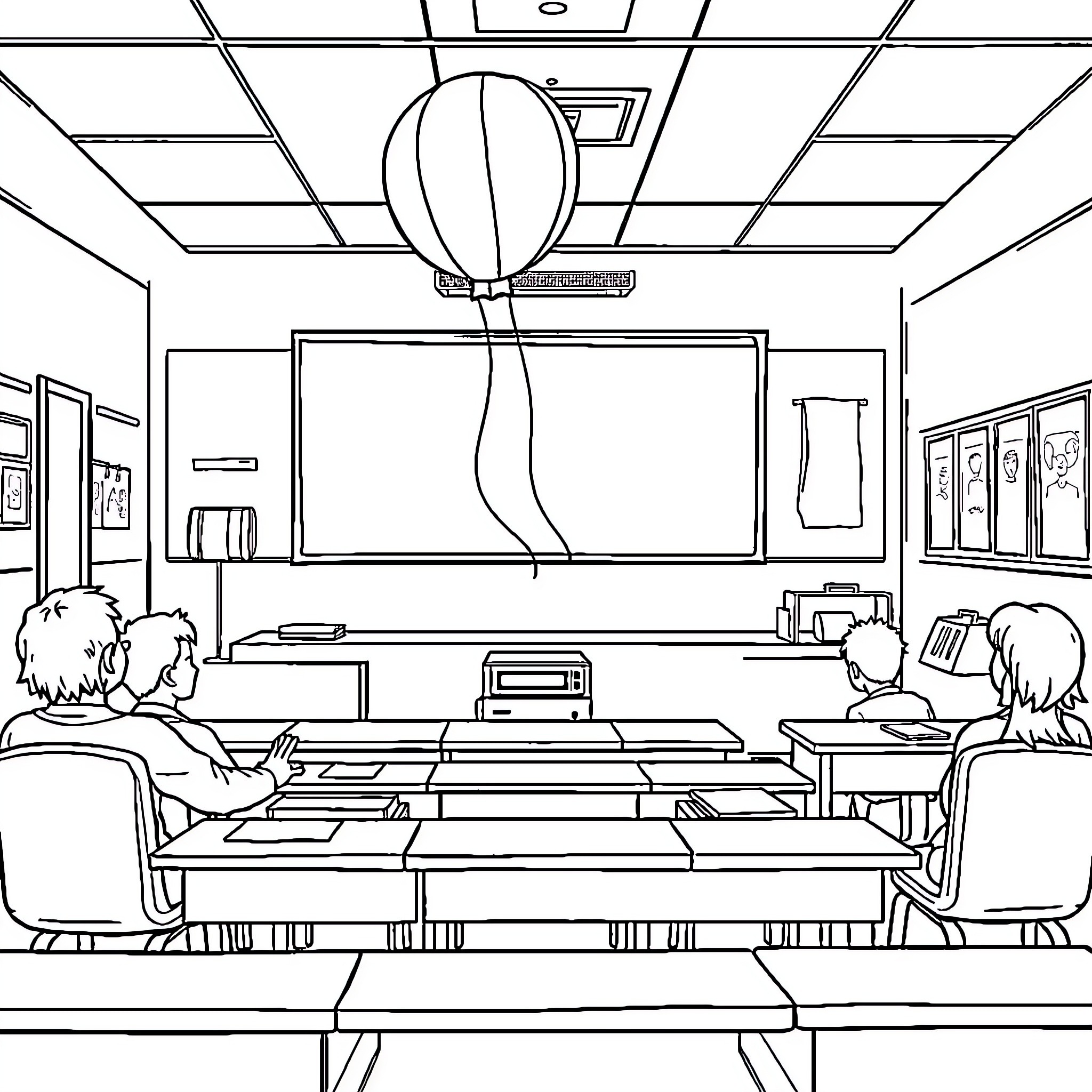 Ball-shaped light fixture in classroom with students Coloring Page (free black-and-white line drawing printable PDF for all, from beginners to advanced learners, including children, teens, adults, and seniors)