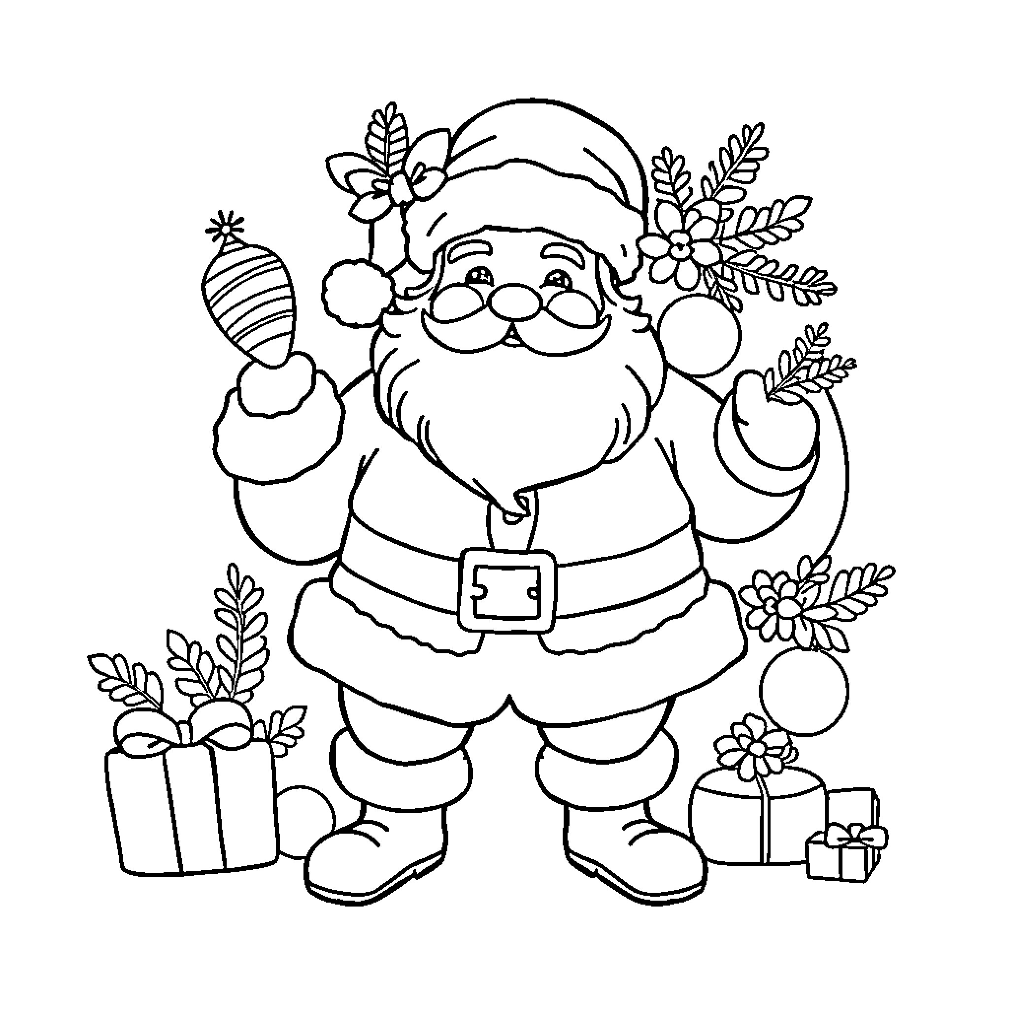 Santa Claus with gifts and holiday decorations Coloring Page (free black-and-white line drawing printable PDF for all, from beginners to advanced learners, including children, teens, adults, and seniors)