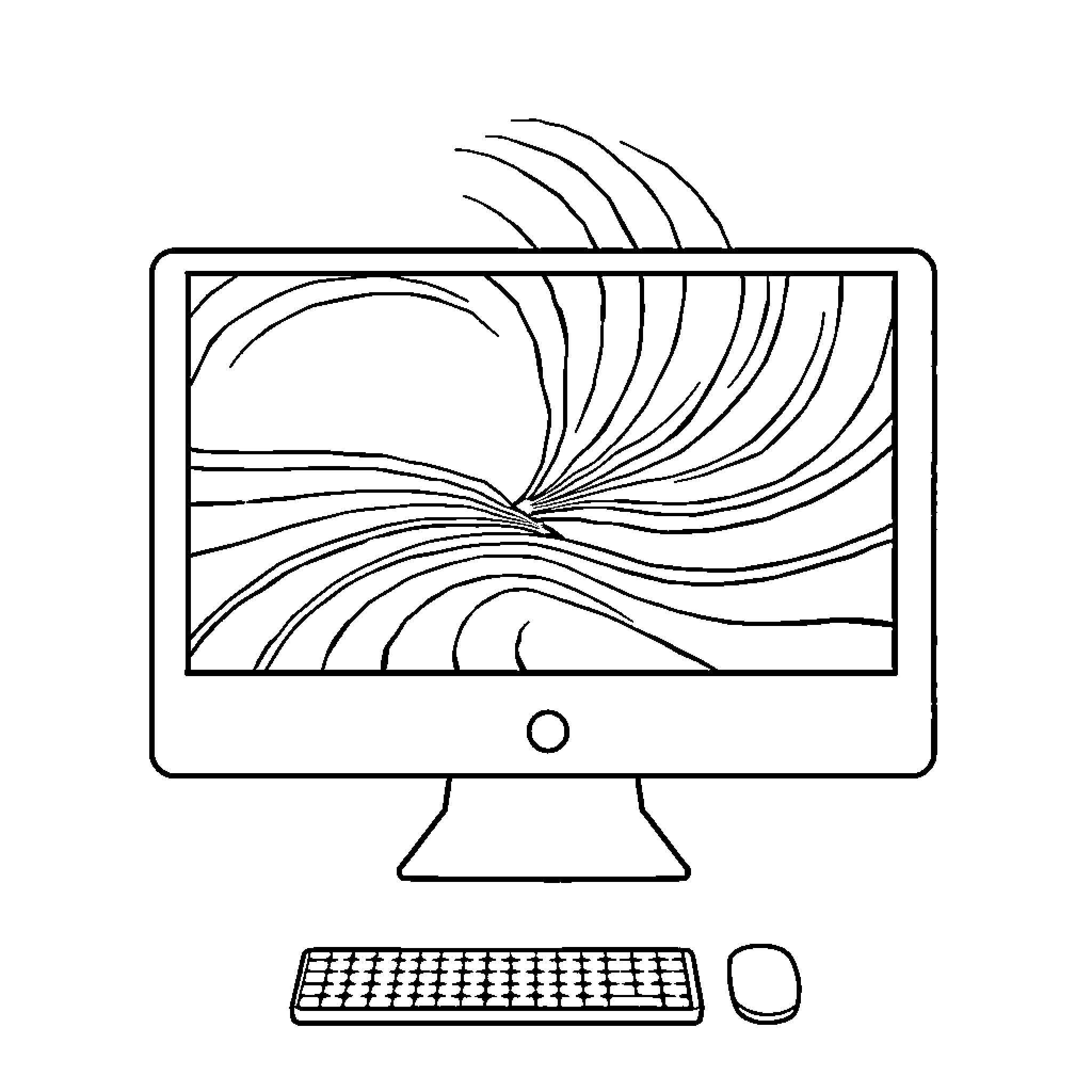 Swirling abstract design on computer screen Coloring Page (free black-and-white line drawing printable PDF for all, from beginners to advanced learners, including children, teens, adults, and seniors)