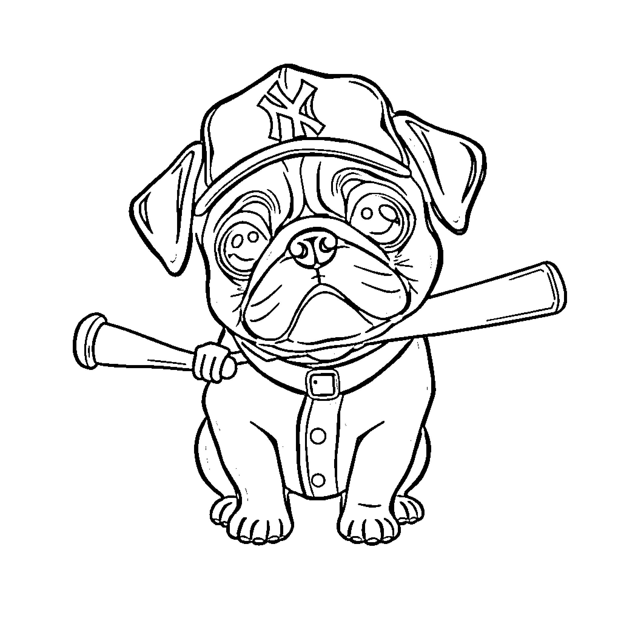 Pug playing with baseball bat in uniform Coloring Page (free black-and-white line drawing printable PDF for all, from beginners to advanced learners, including children, teens, adults, and seniors)