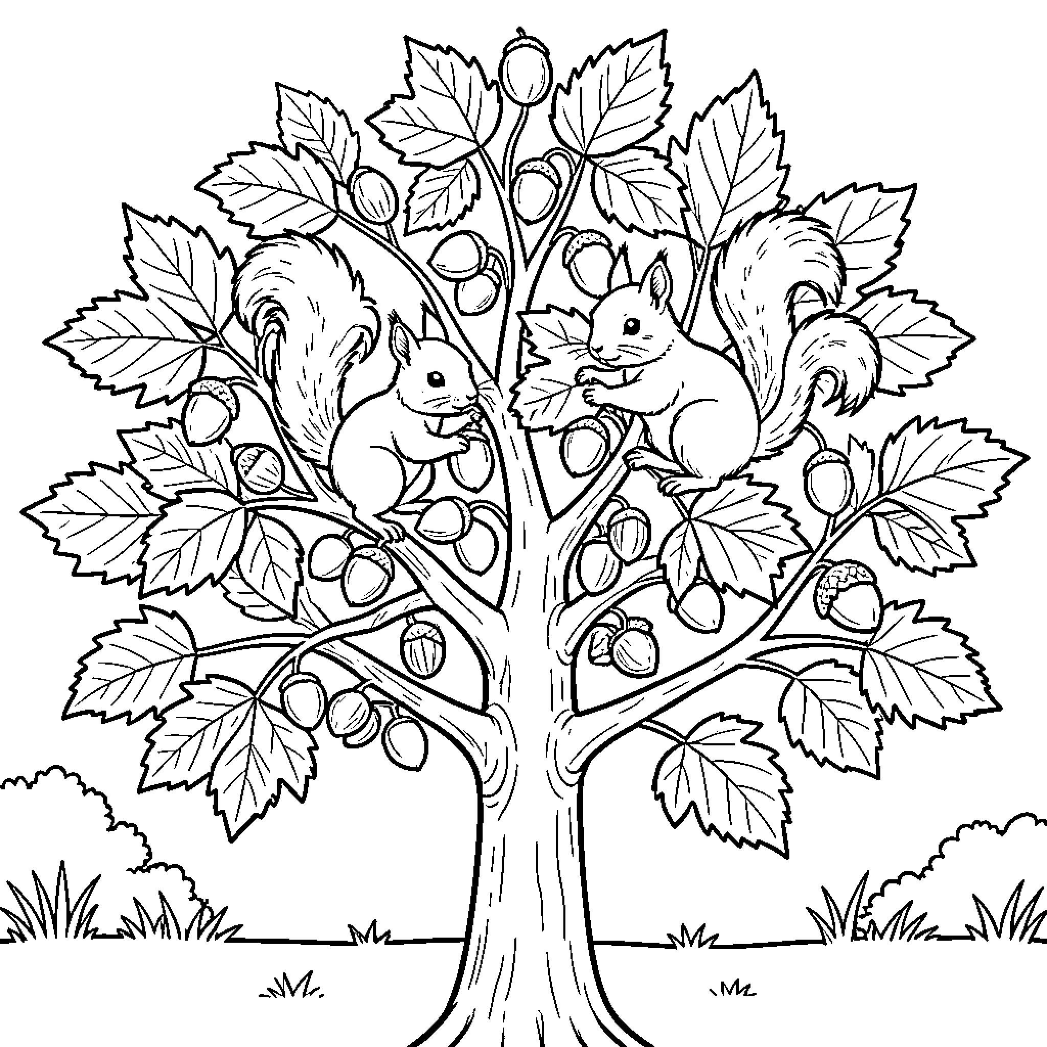 Squirrels gathering nuts among the tree branches Coloring Page (free black-and-white line drawing printable PDF for all, from beginners to advanced learners, including children, teens, adults, and seniors)
