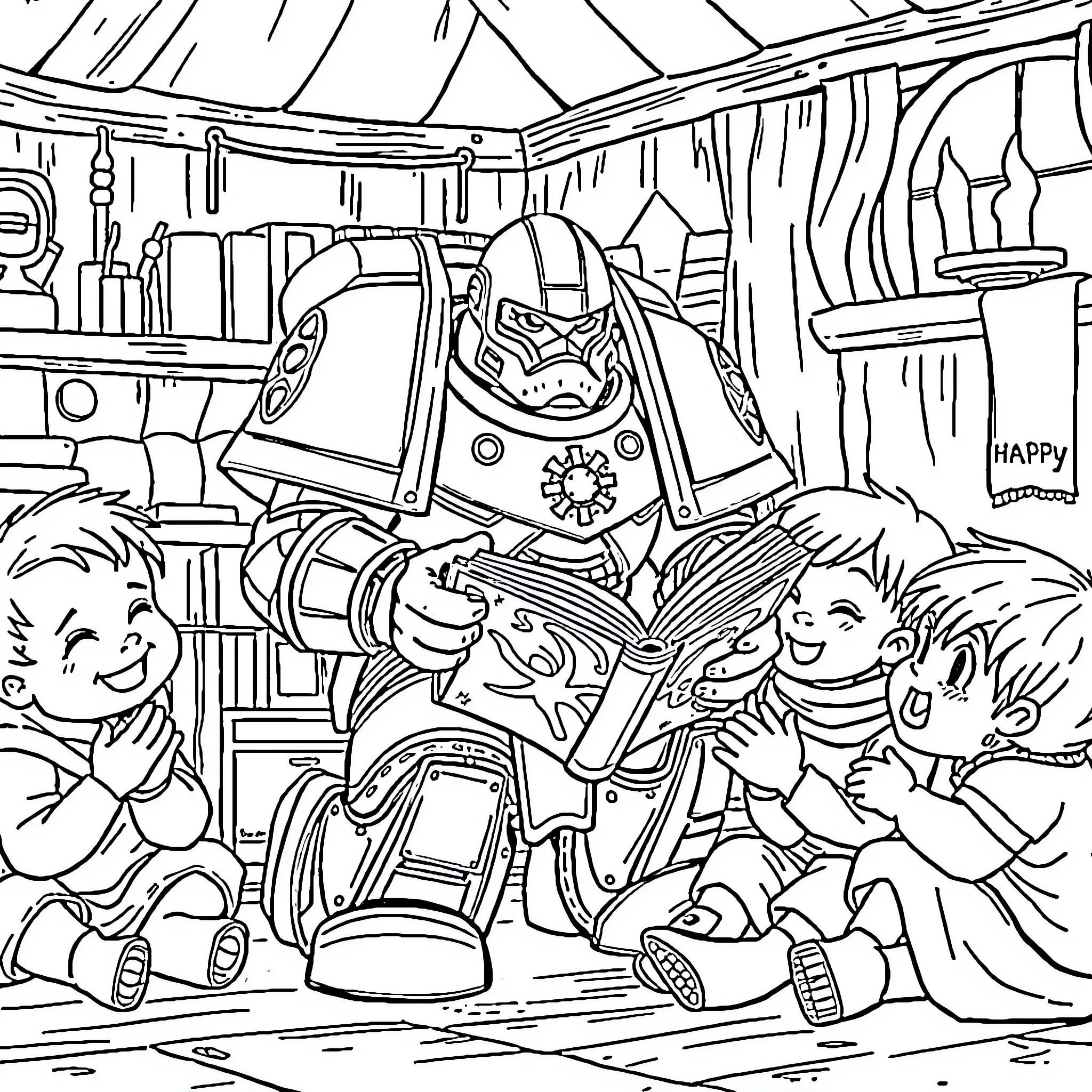 Space Marine entertaining children in a cozy cabin Coloring Page (free black-and-white line drawing printable PDF for all, from beginners to advanced learners, including children, teens, adults, and seniors)
