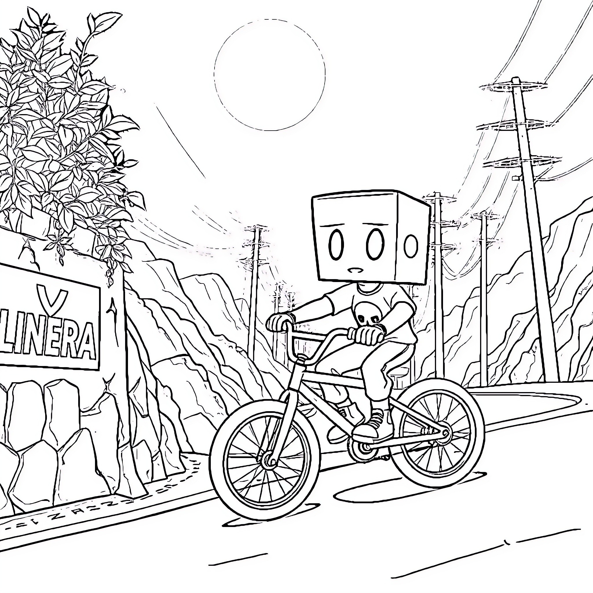 Character riding bicycle in surreal landscape Coloring Page (free black-and-white line drawing printable PDF for all, from beginners to advanced learners, including children, teens, adults, and seniors)