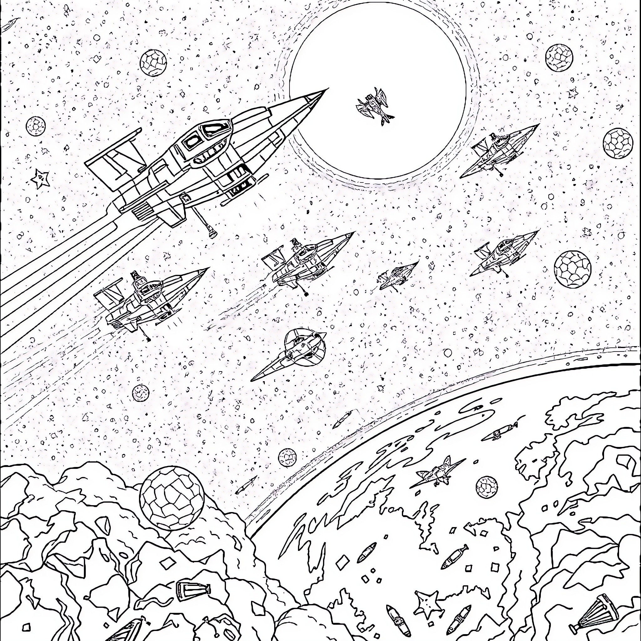 Space Ship Expedition Through Cosmic Exploration Coloring Page (free black-and-white line drawing printable PDF for all, from beginners to advanced learners, including children, teens, adults, and seniors)