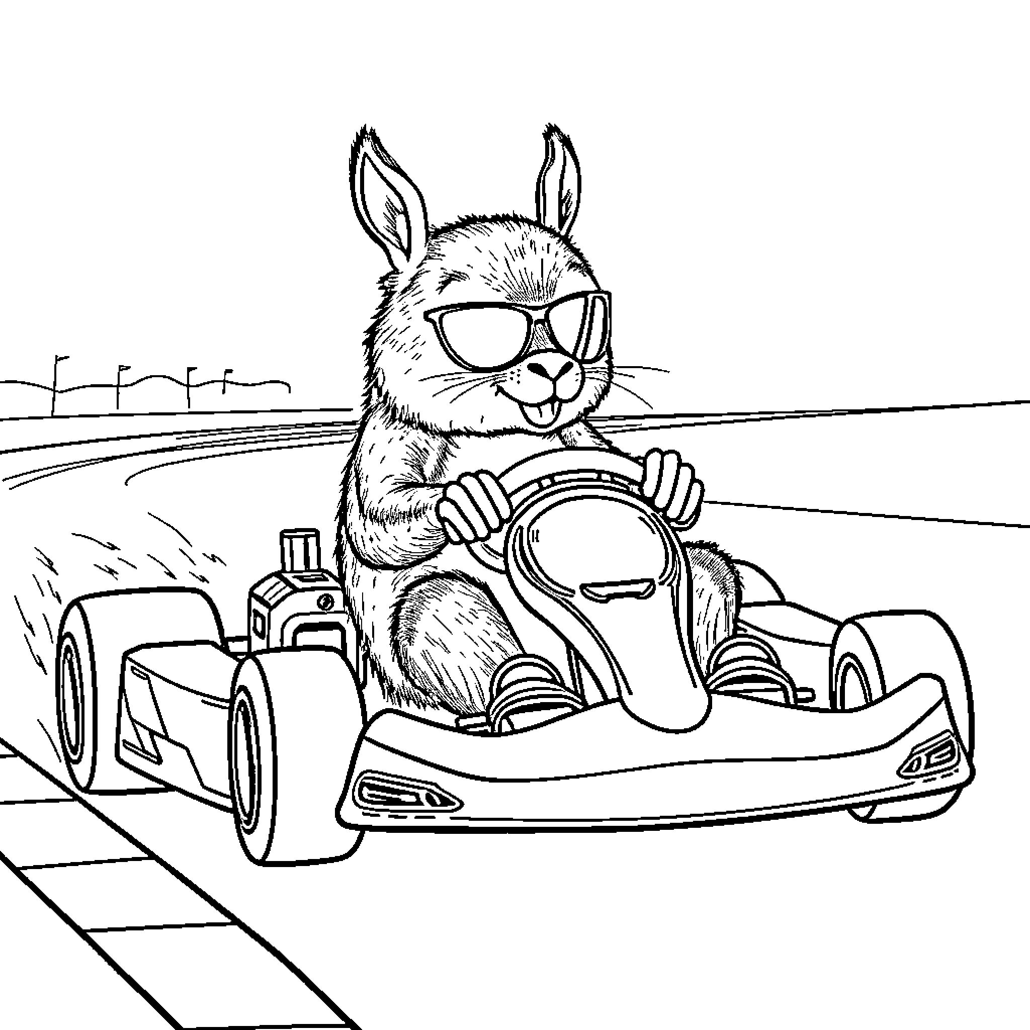 Capybara racing in a go-kart with sunglasses Coloring Page (free black-and-white line drawing printable PDF for all, from beginners to advanced learners, including children, teens, adults, and seniors)