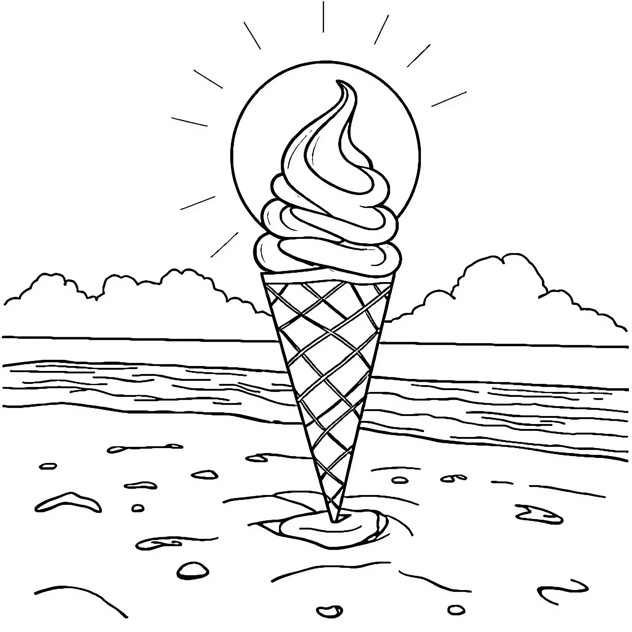 Ice Cream Cone on the Beach Coloring Page (free black-and-white line drawing printable PDF for all, from beginners to advanced learners, including children, teens, adults, and seniors)