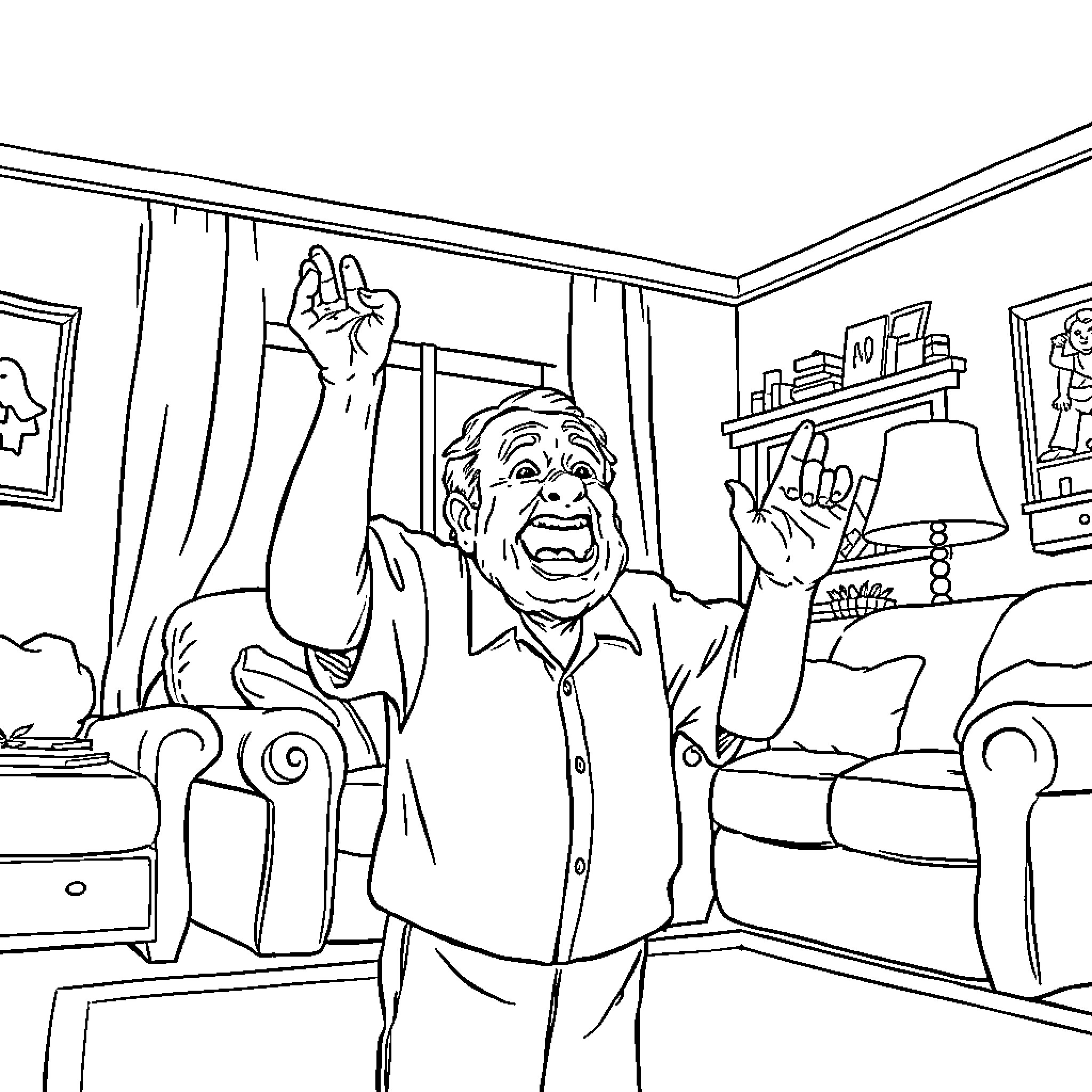 Grandfather gesturing excitedly in his living room Coloring Page (free black-and-white line drawing printable PDF for all, from beginners to advanced learners, including children, teens, adults, and seniors)