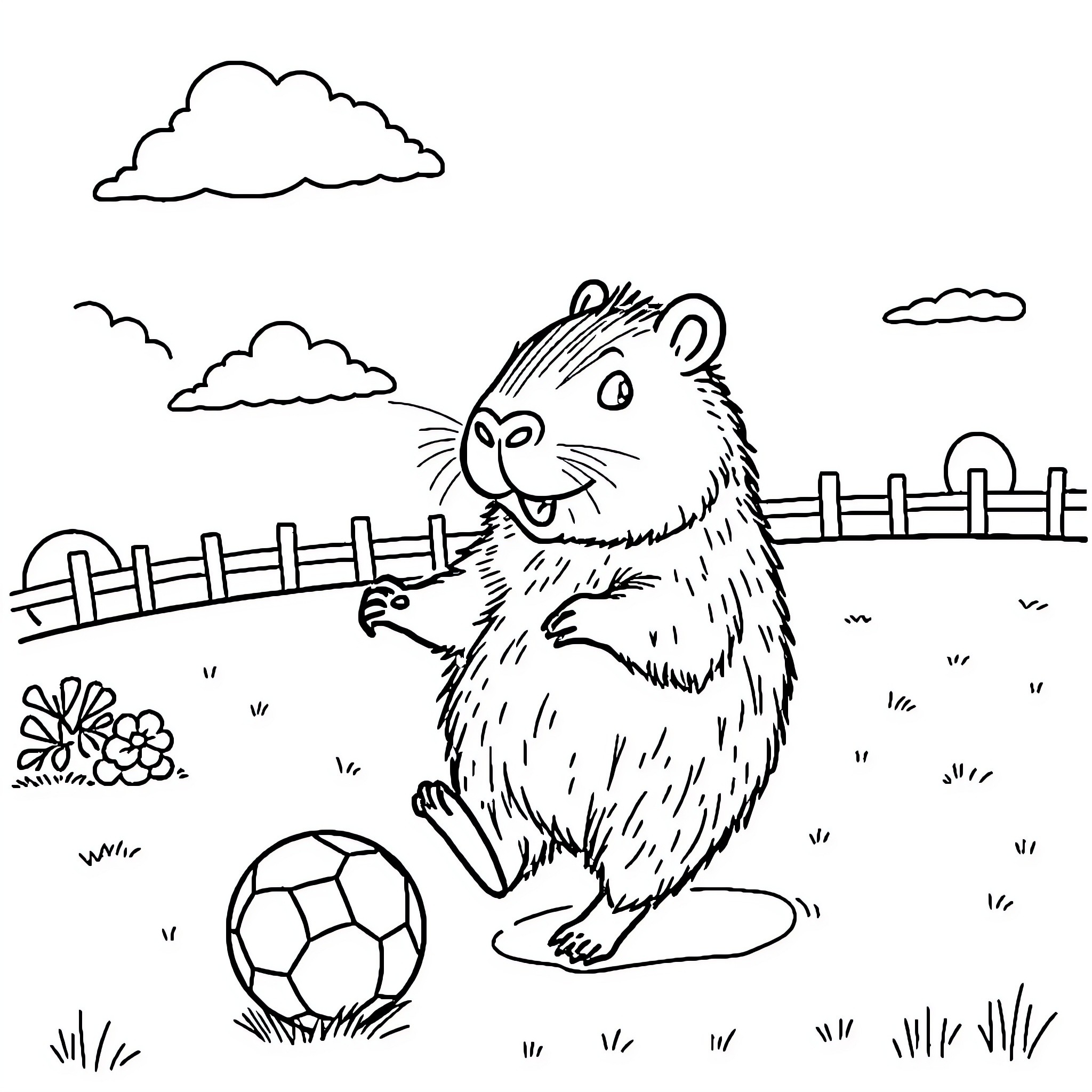 Capybara playing with soccer ball in field Coloring Page (free black-and-white line drawing printable PDF for all, from beginners to advanced learners, including children, teens, adults, and seniors)