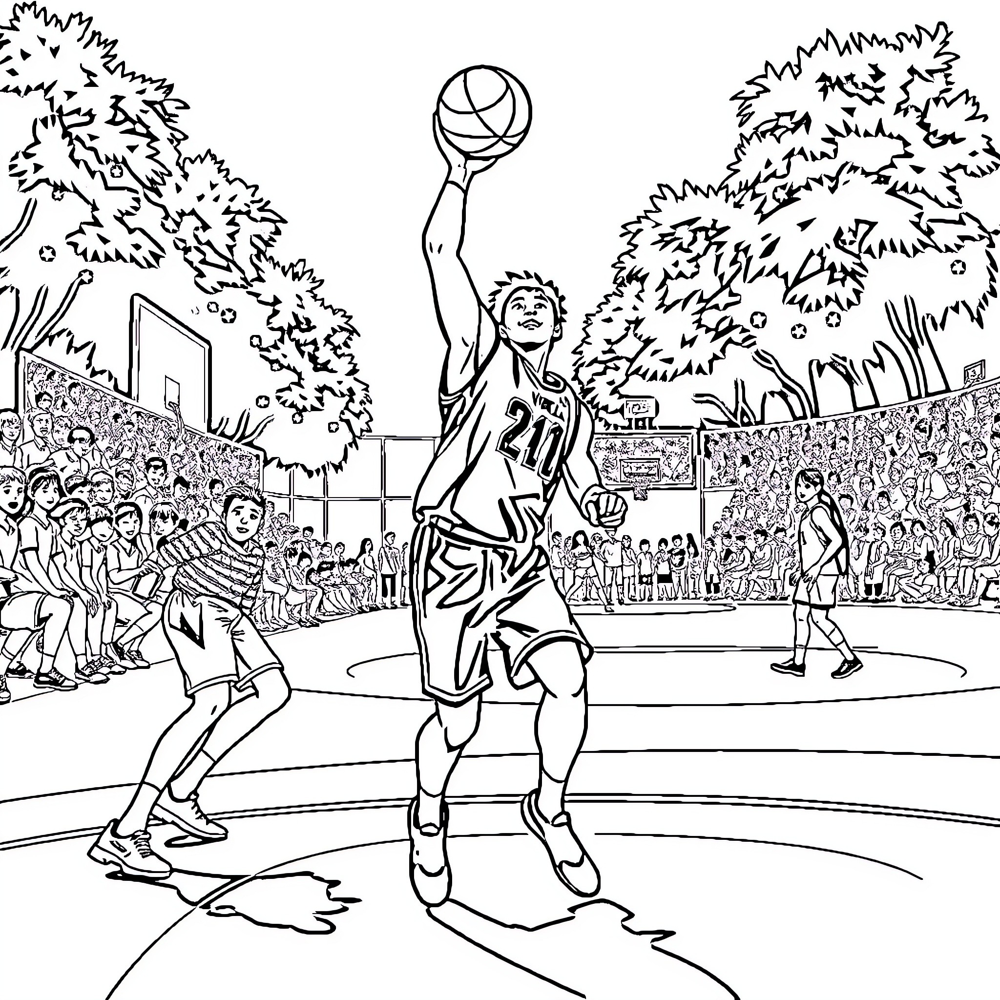 Hinata's Basketball Heroics on the Court Coloring Page (free black-and-white line drawing printable PDF for all, from beginners to advanced learners, including children, teens, adults, and seniors)