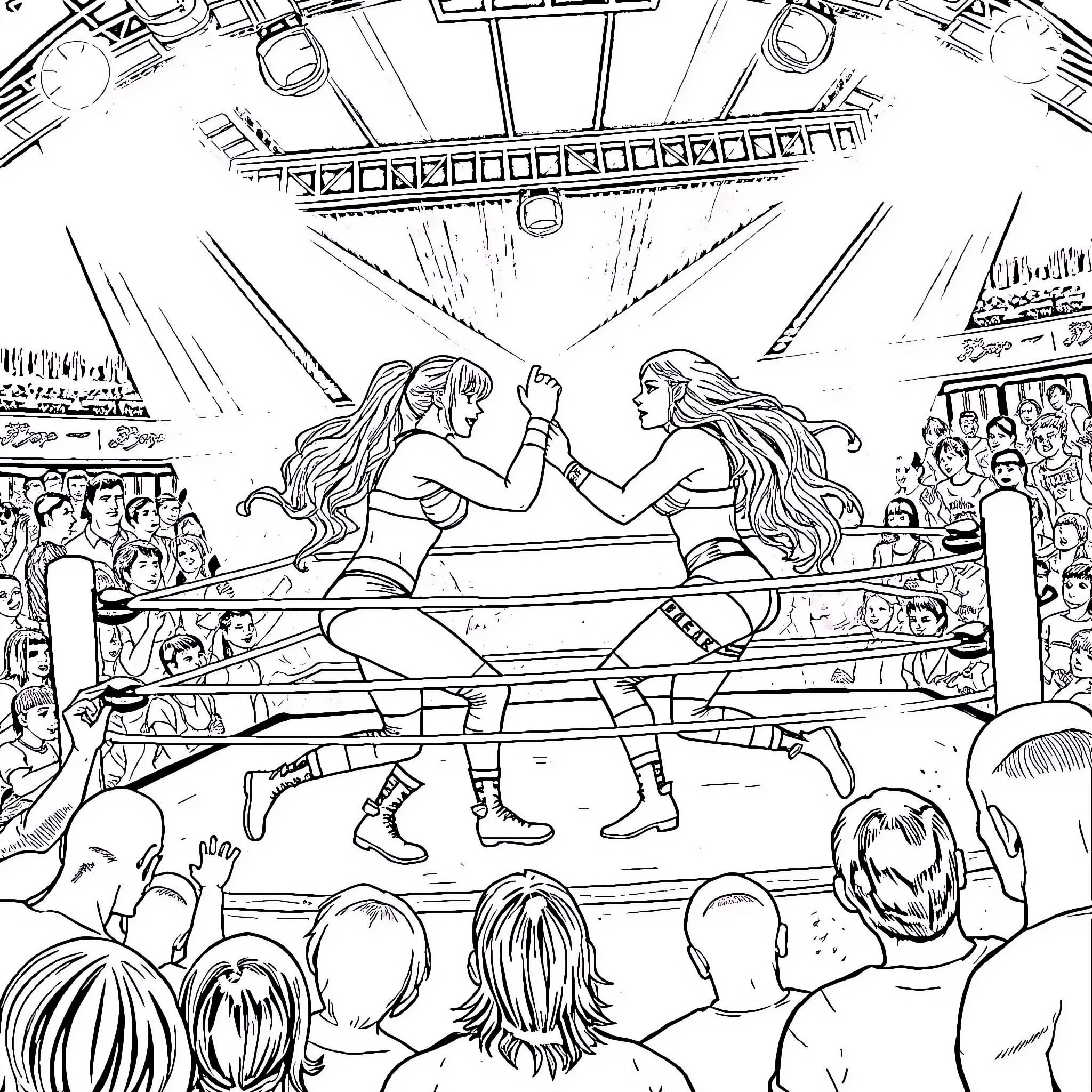 Wrestler engage in an intense match before a cheering crowd Coloring Page (free black-and-white line drawing printable PDF for all, from beginners to advanced learners, including children, teens, adults, and seniors)