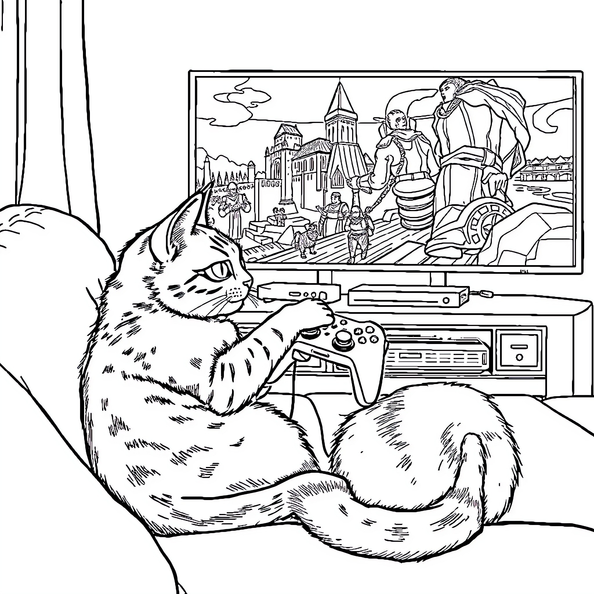 Cat enjoying video game in cozy home Coloring Page (free black-and-white line drawing printable PDF for all, from beginners to advanced learners, including children, teens, adults, and seniors)