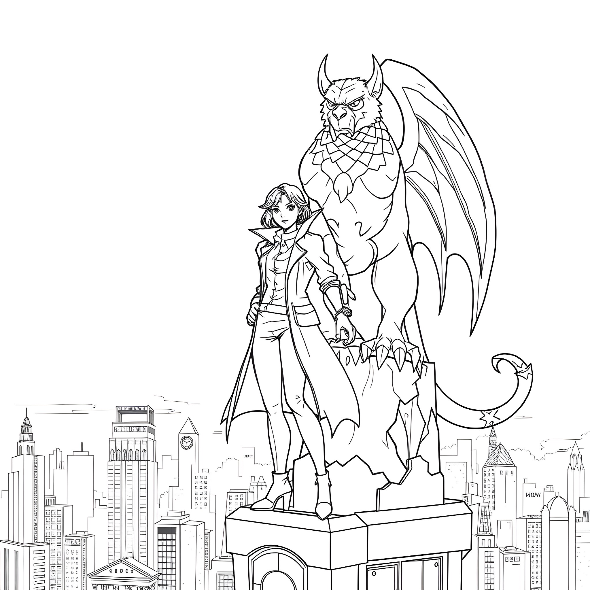 Elisa and Goliath's Heroic Stance in the City Coloring Page (free black-and-white line drawing printable PDF for all, from beginners to advanced learners, including children, teens, adults, and seniors)