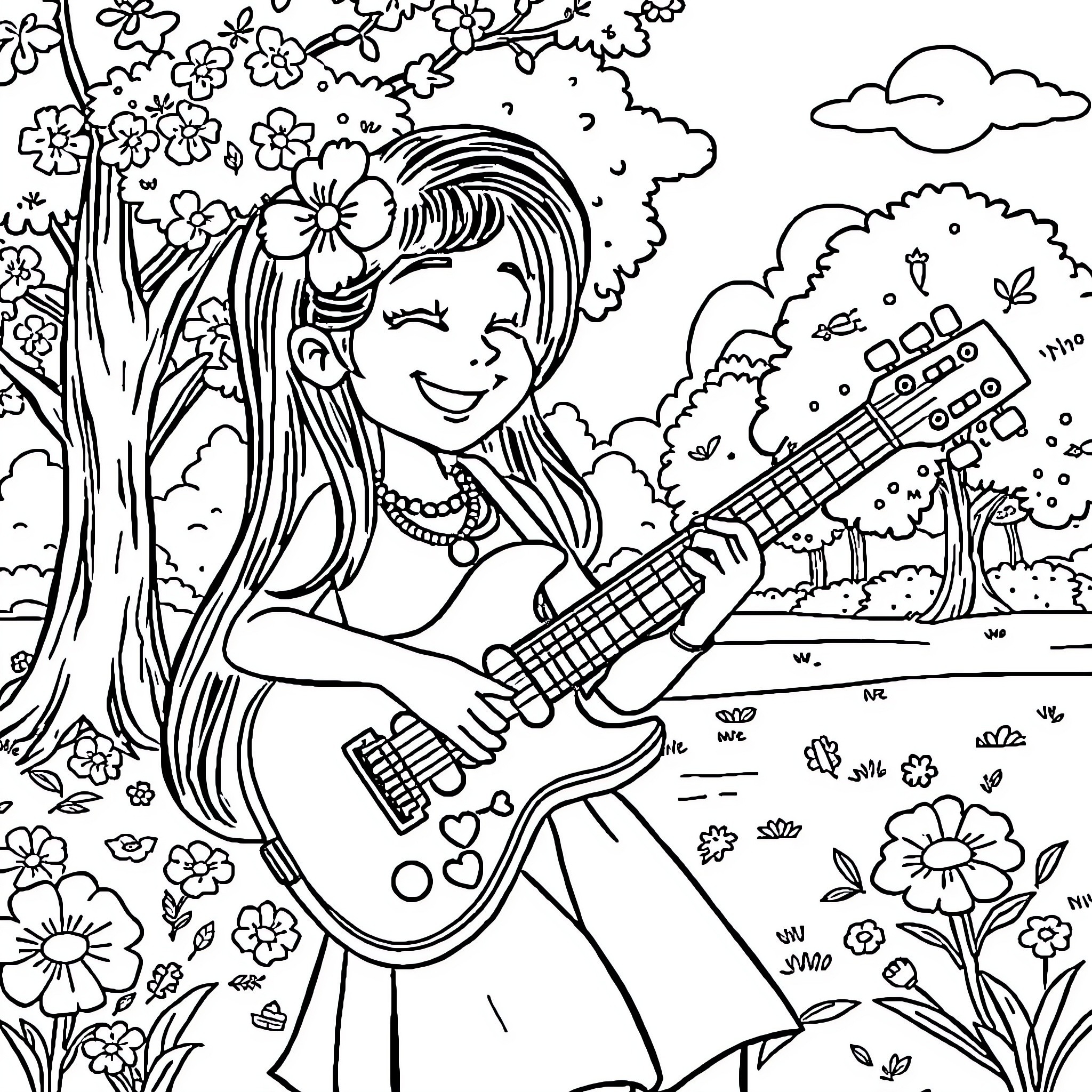Misha's Joyful Musical Moment in Nature Coloring Page (free black-and-white line drawing printable PDF for all, from beginners to advanced learners, including children, teens, adults, and seniors)