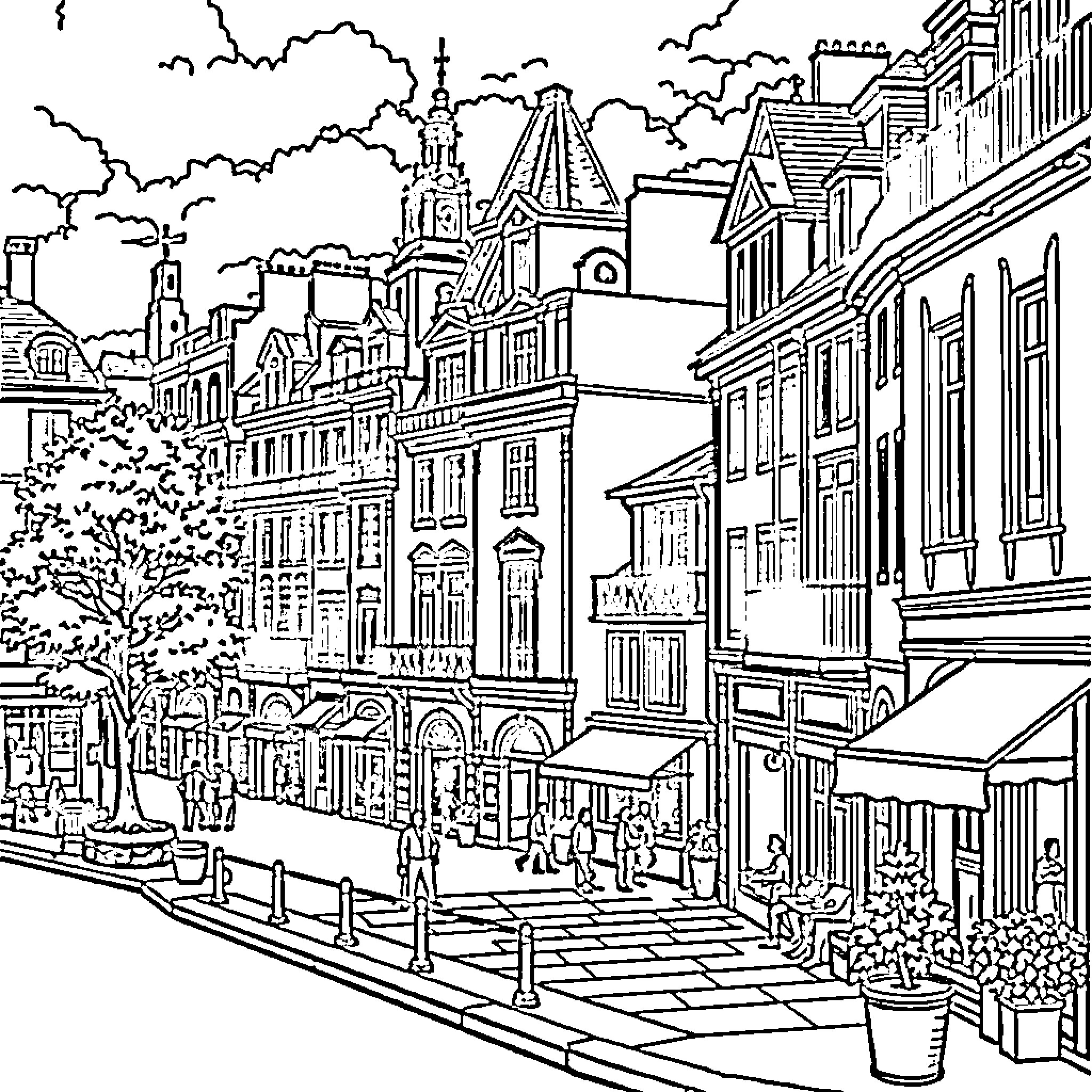 Lyon Cityscape with Historic Architecture and Bustling Streets Coloring Page (free black-and-white line drawing printable PDF for all, from beginners to advanced learners, including children, teens, adults, and seniors)