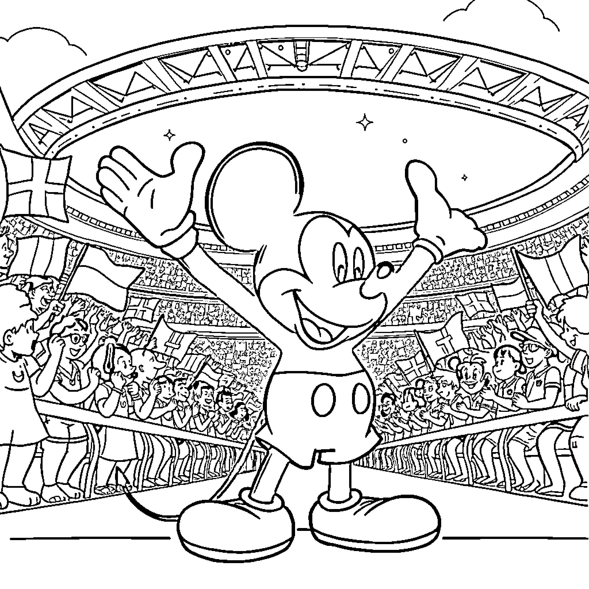 Mickey exploring the grand stadium Coloring Page (free black-and-white line drawing printable PDF for all, from beginners to advanced learners, including children, teens, adults, and seniors)