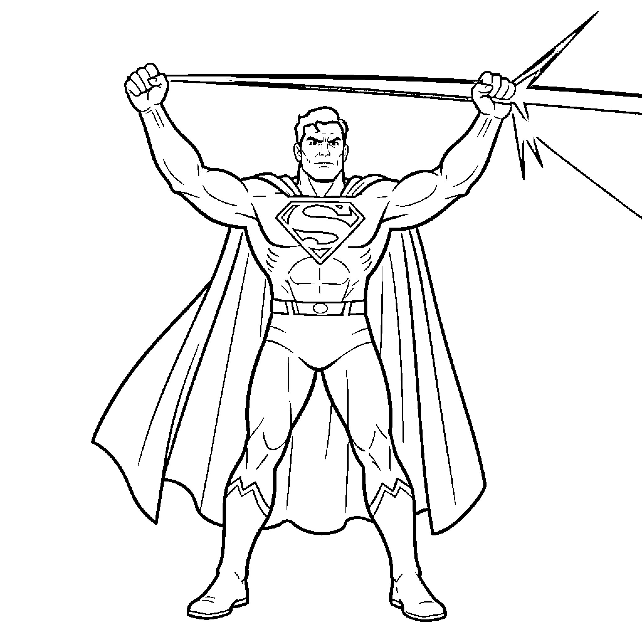 Superman Heroically Poses with Outstretched Arms Coloring Page (free black-and-white line drawing printable PDF for all, from beginners to advanced learners, including children, teens, adults, and seniors)