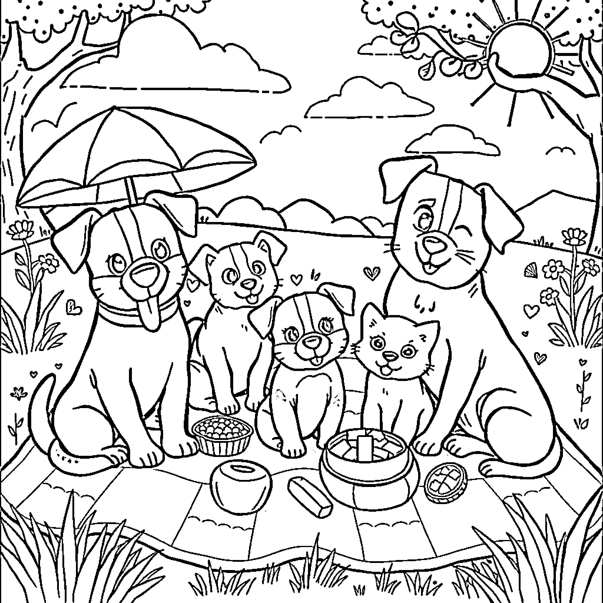 Dog family enjoying a picnic in the park Coloring Page (free black-and-white line drawing printable PDF for all, from beginners to advanced learners, including children, teens, adults, and seniors)