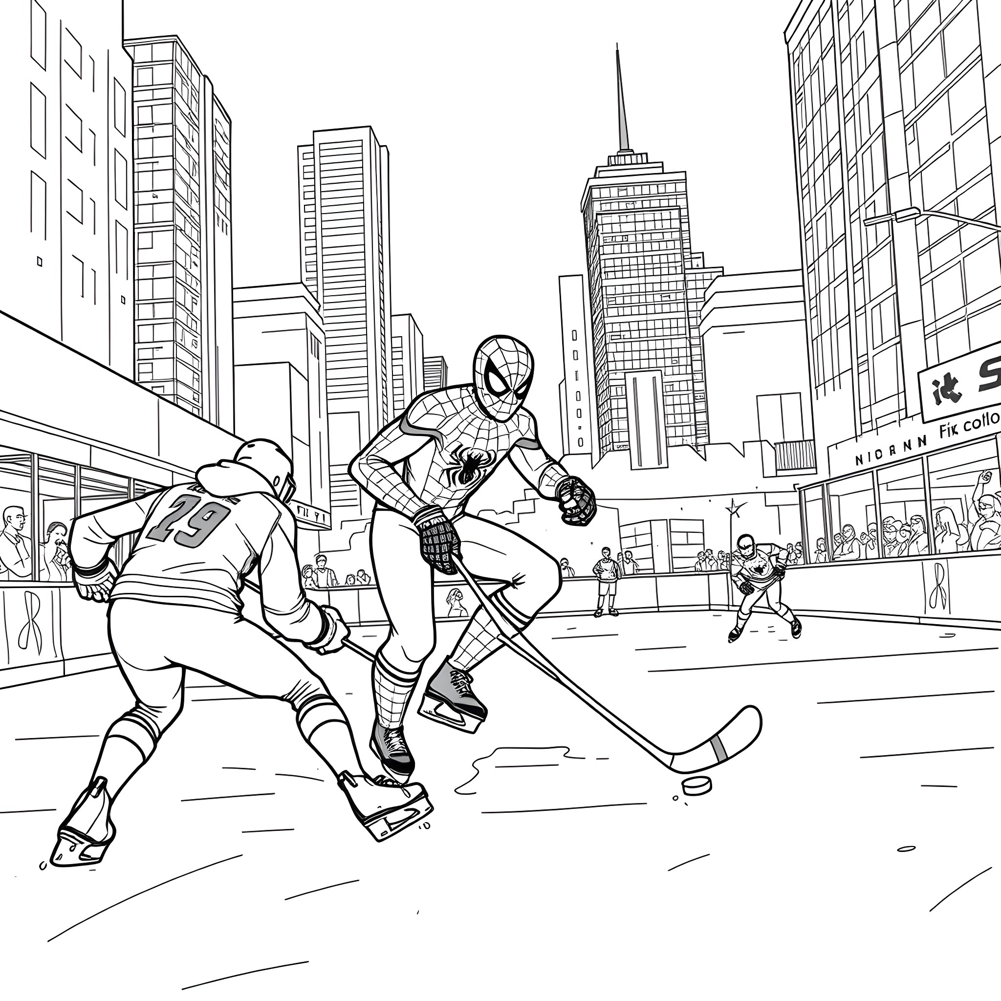 Spiderman facing off against villains in the city Coloring Page (free black-and-white line drawing printable PDF for all, from beginners to advanced learners, including children, teens, adults, and seniors)