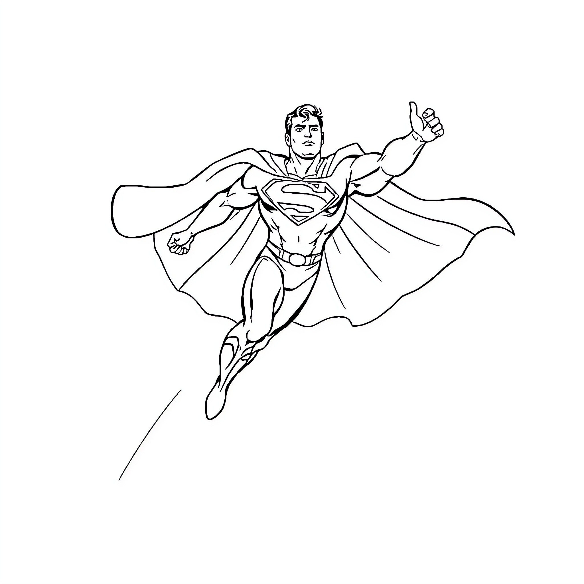Superman soaring heroically with outstretched arms Coloring Page (free black-and-white line drawing printable PDF for all, from beginners to advanced learners, including children, teens, adults, and seniors)