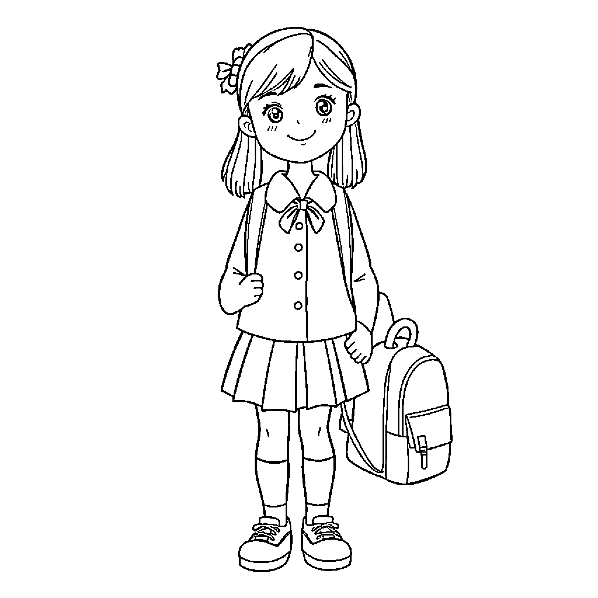Girl in school uniform with backpack Coloring Page (free black-and-white line drawing printable PDF for all, from beginners to advanced learners, including children, teens, adults, and seniors)