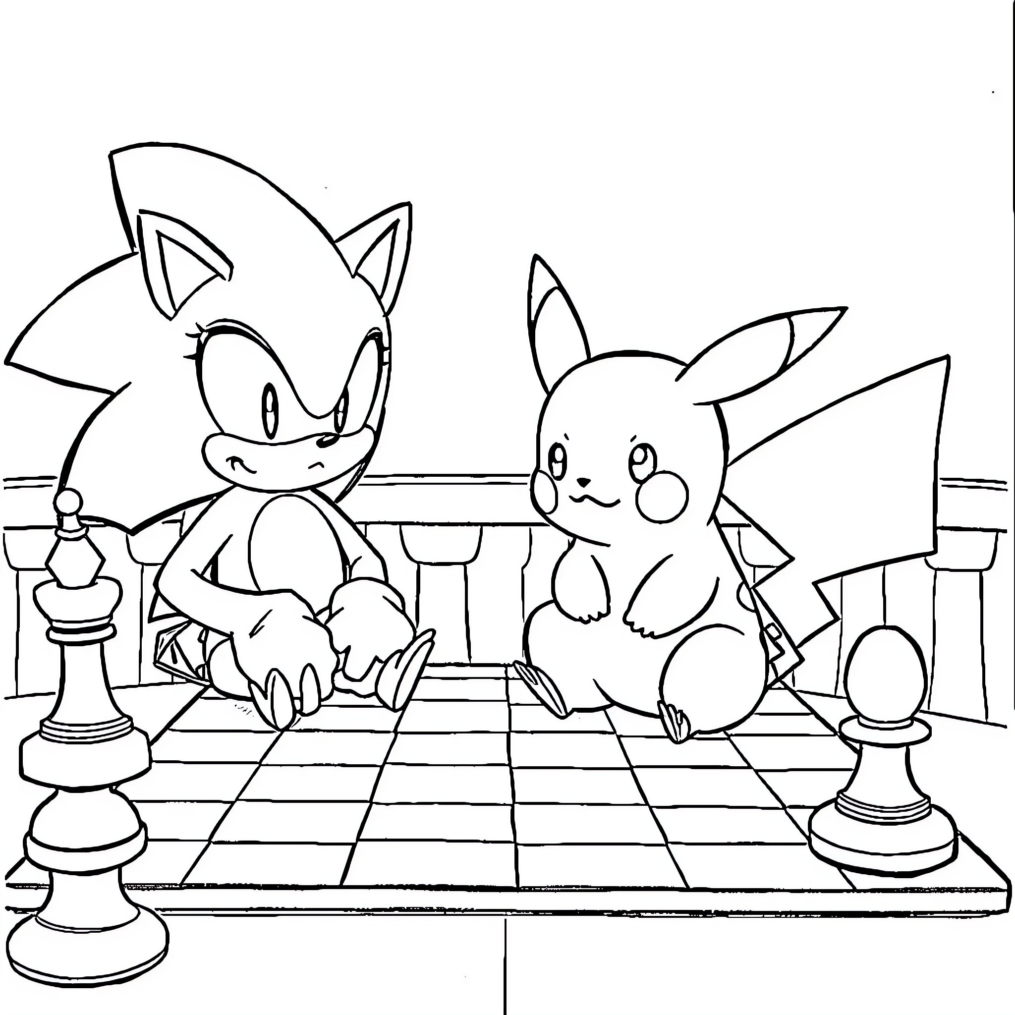 Pikachu and Sonic playing on a chessboard Coloring Page (free black-and-white line drawing printable PDF for all, from beginners to advanced learners, including children, teens, adults, and seniors)